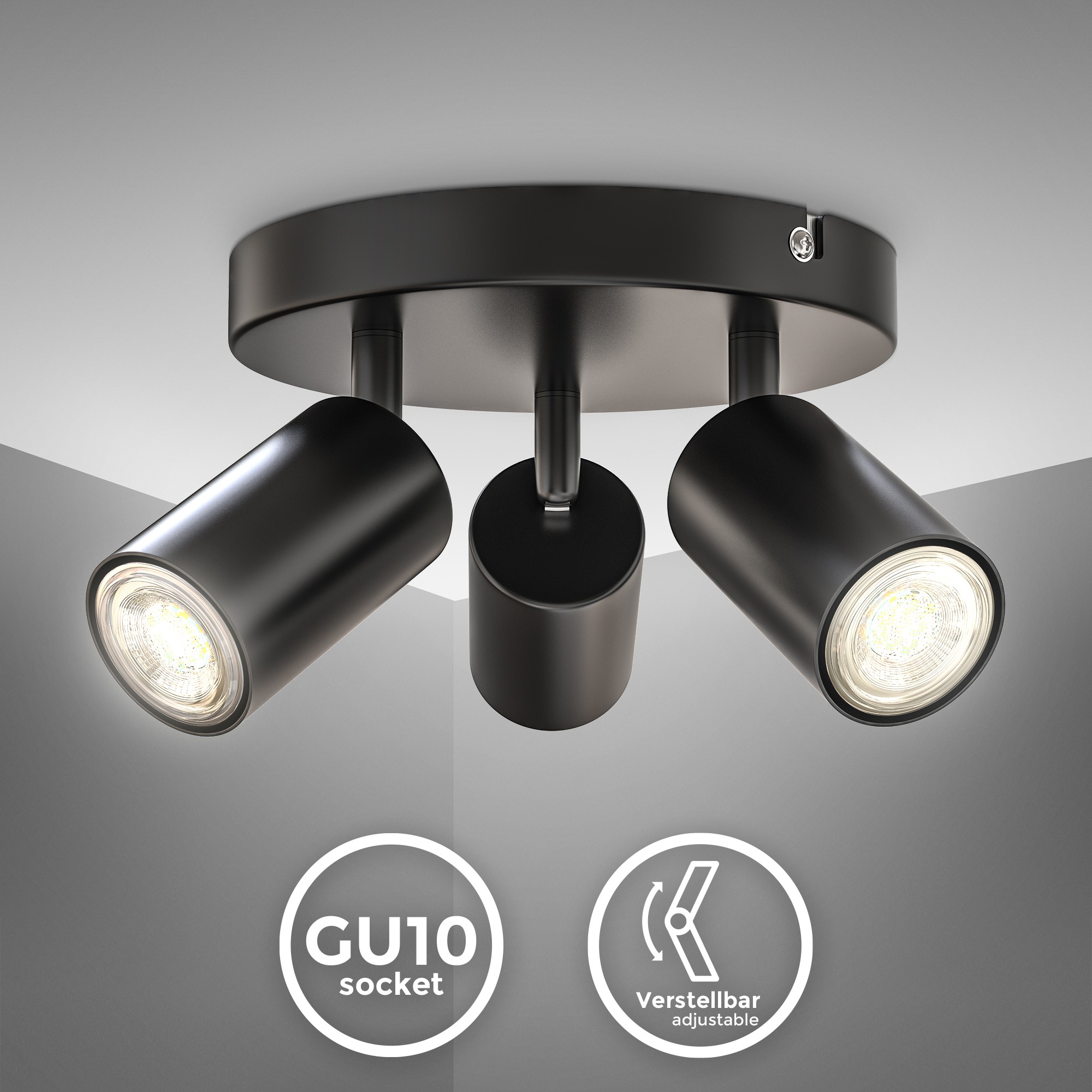 B.K.Licht Deckenspots, 3 flammig, Leuchtmittel GU10 | ohne Leuchtmittel, 3-flammige Spotlampe, rund, schwenkbar, drehbar, GU10, schwarz