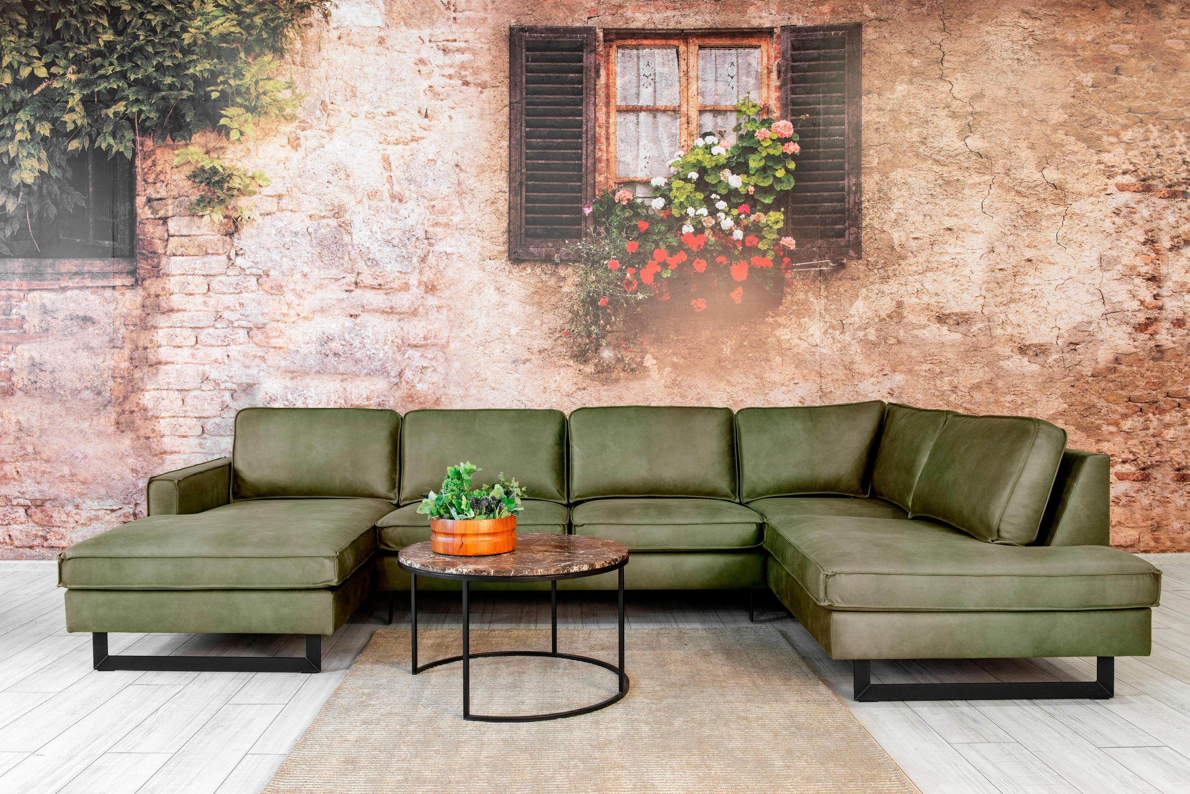 Places of Style Wohnlandschaft »Pinto, 350 cm, U-Form, XXL, mit Ottomanen«, Cord, Chenille, Lederoptik, mit Keder, Metallfüße, Wellenunterfederung