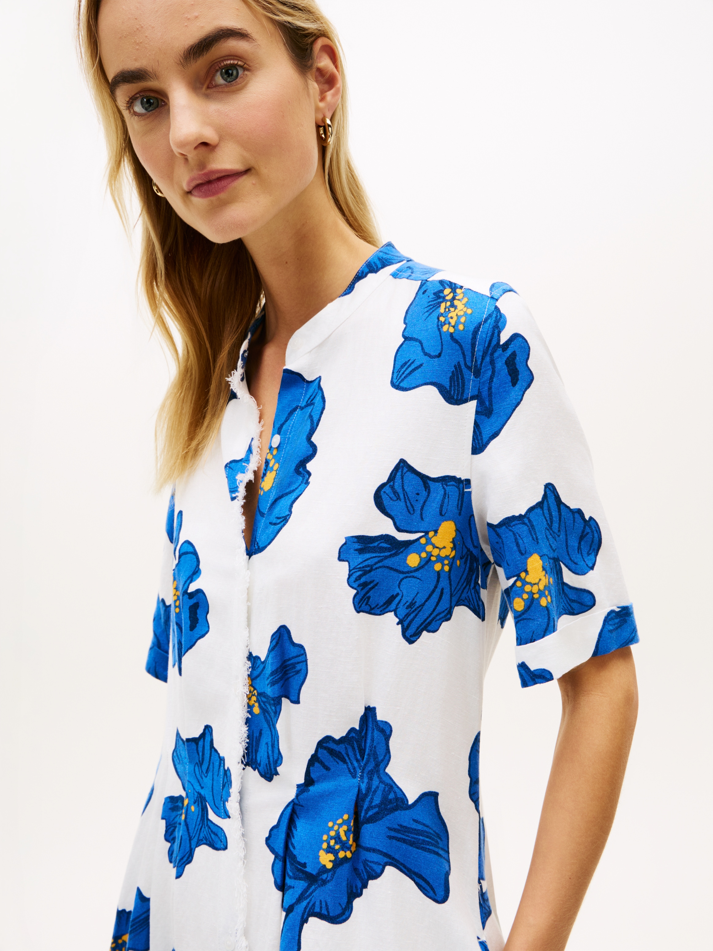 Tommy Hilfiger Midikleid »FRAYED VIS/LINEN SHORT SLEEVE SHIRT DRESS« Eingrifftaschen Leinen-Mix, mit seitlichen Eingrifftaschen