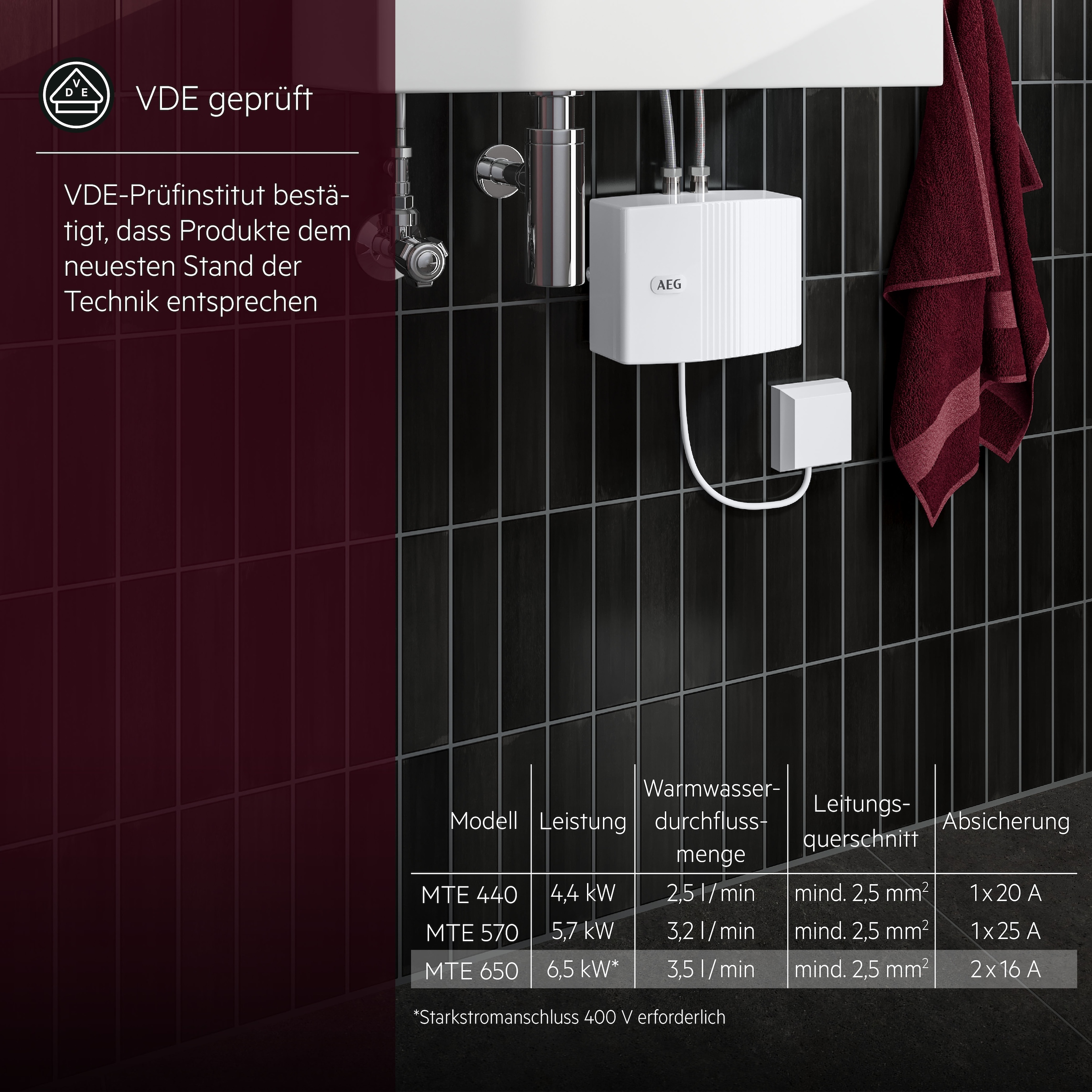 AEG Haustechnik Klein-Durchlauferhitzer »MTE 650 f. Handwaschbecken, 6,5 kW, o. Stecker« Festanschluss 230V, elektronisch, druckfest + drucklos