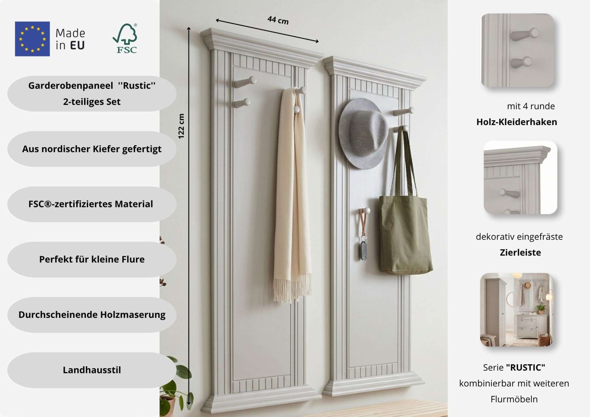 OTTO home Garderobenpaneel »Rustic« 2 Stk. tlg. (2 Stück), aus massiver Kiefer, mit dekorativen Fräsungen
