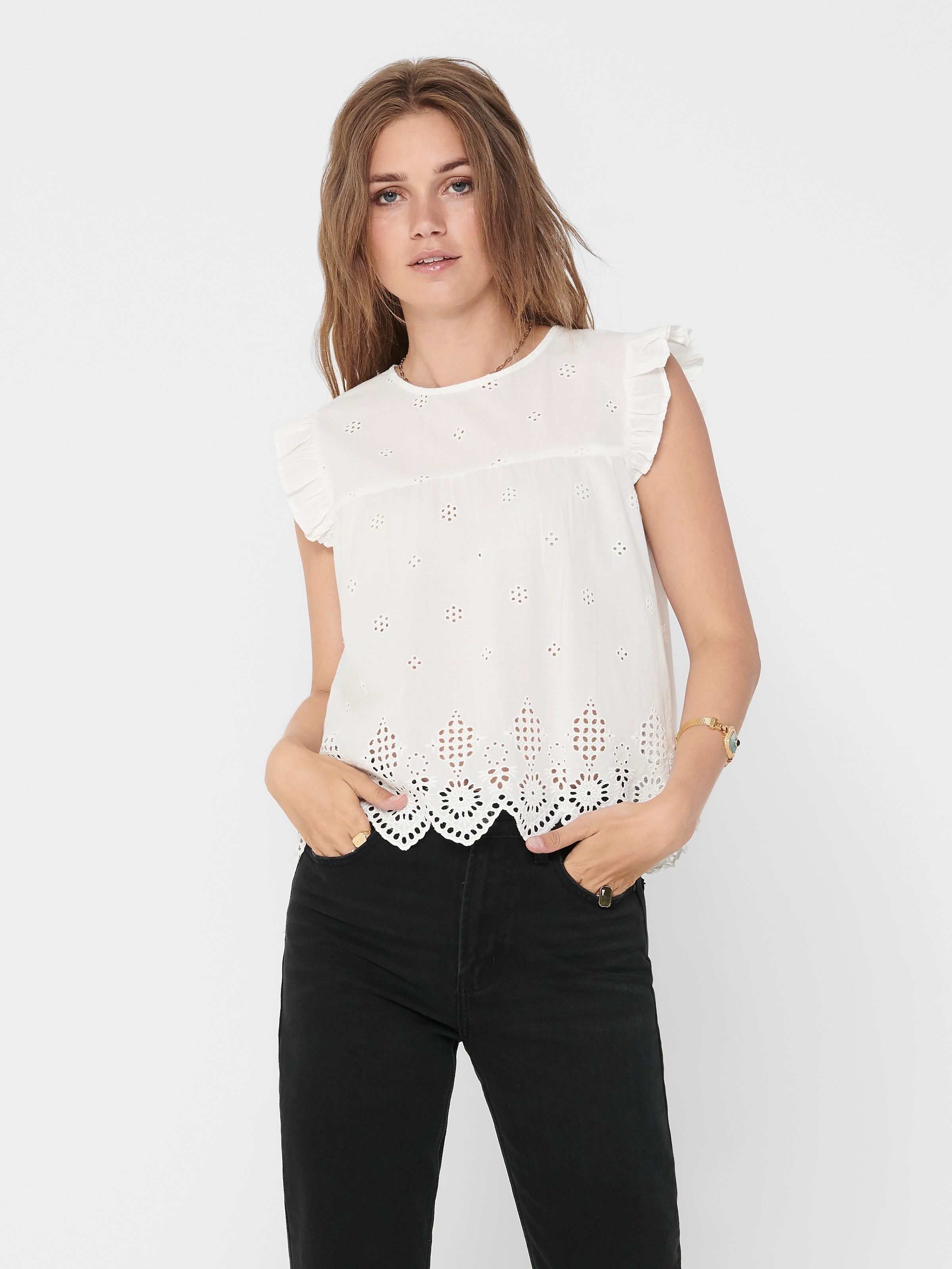 ONLY Rüschentop »ONLSILLA LIFE S/L FRILL TOP WVN NOOS« Baumwolle, regular fit, Rundhals
