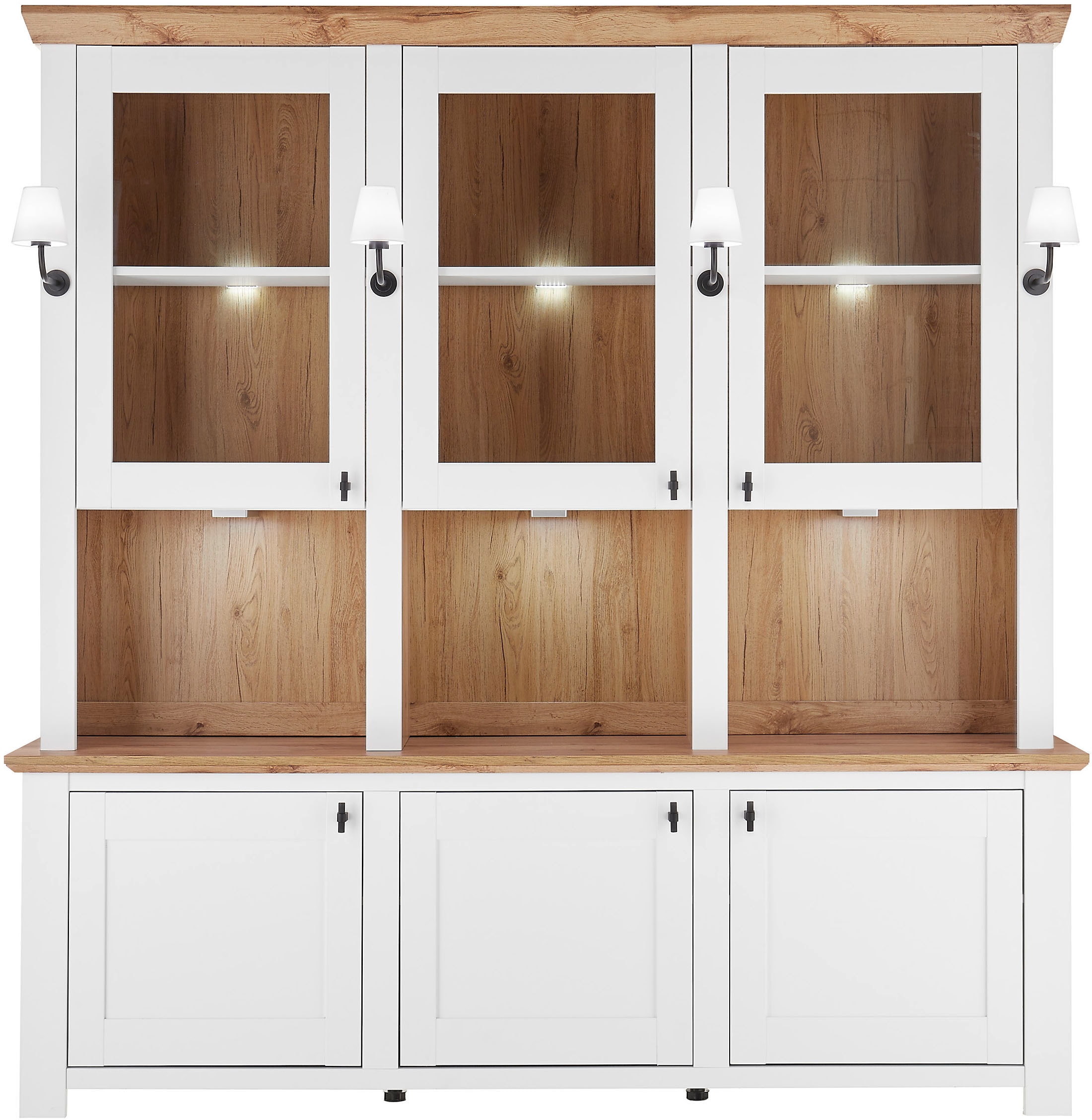 Home affaire Buffet »Bristol, Bücherschrank im Landhausstil, moderner Hochschrank« schwarze Metallgriffe, elegante Kranzoptik, mit Beleuchtung