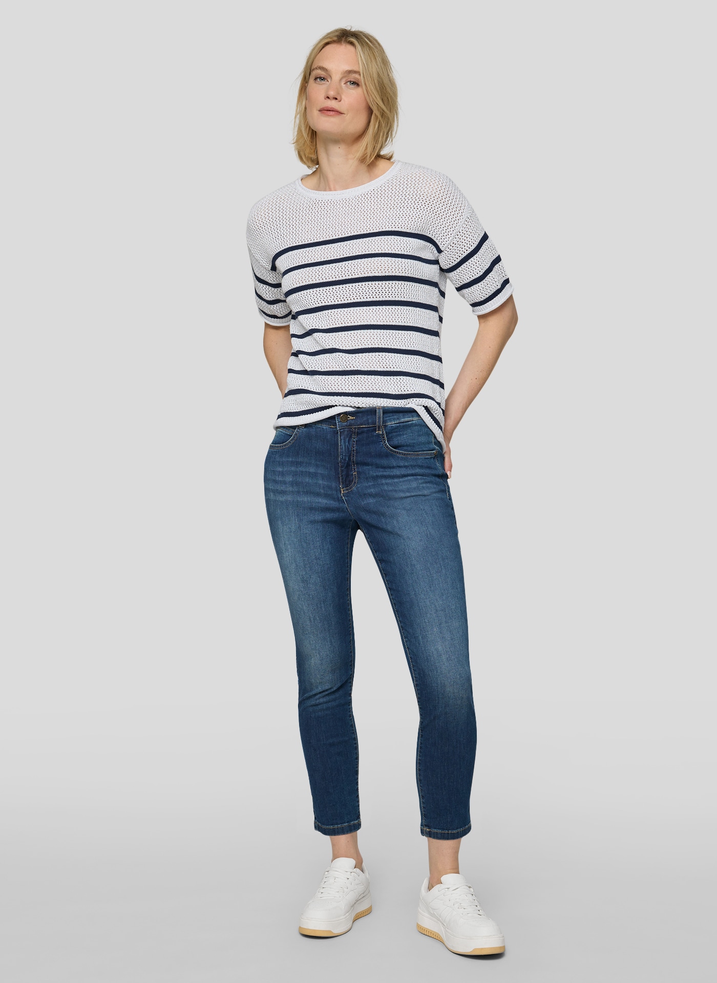 Rabe Strickpullover Halbarm-Strickpullover mit Streifen und im Häkel-Look