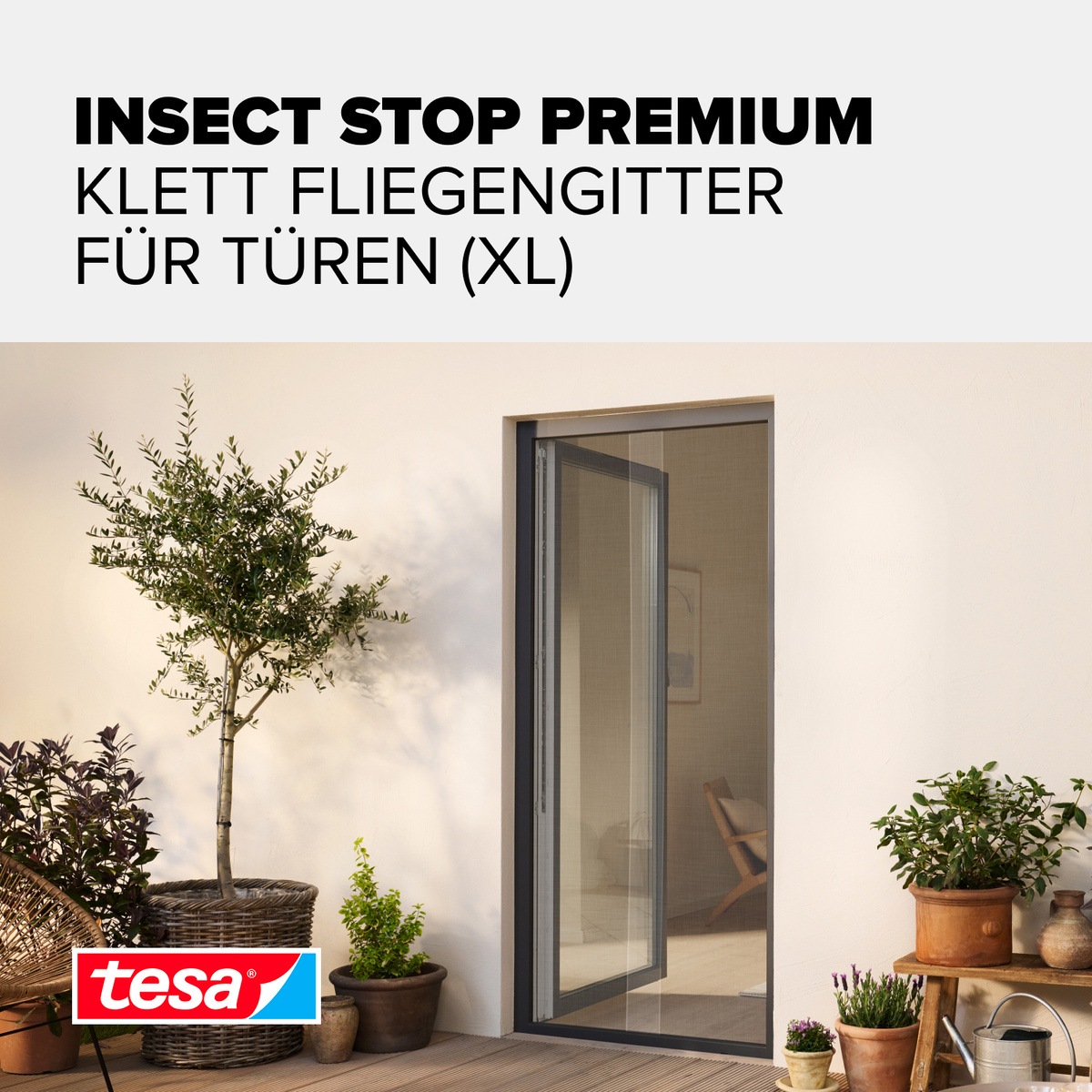 tesa Insektenschutz-Tür »Klett Fliegengitter Premium für Türen - ohne Bohren« Packung, Fliegennetz, Klettband, 1 Stk. tlg. selbstklebende Insektenschutz - (2 x 65cm )120cm x 250cm