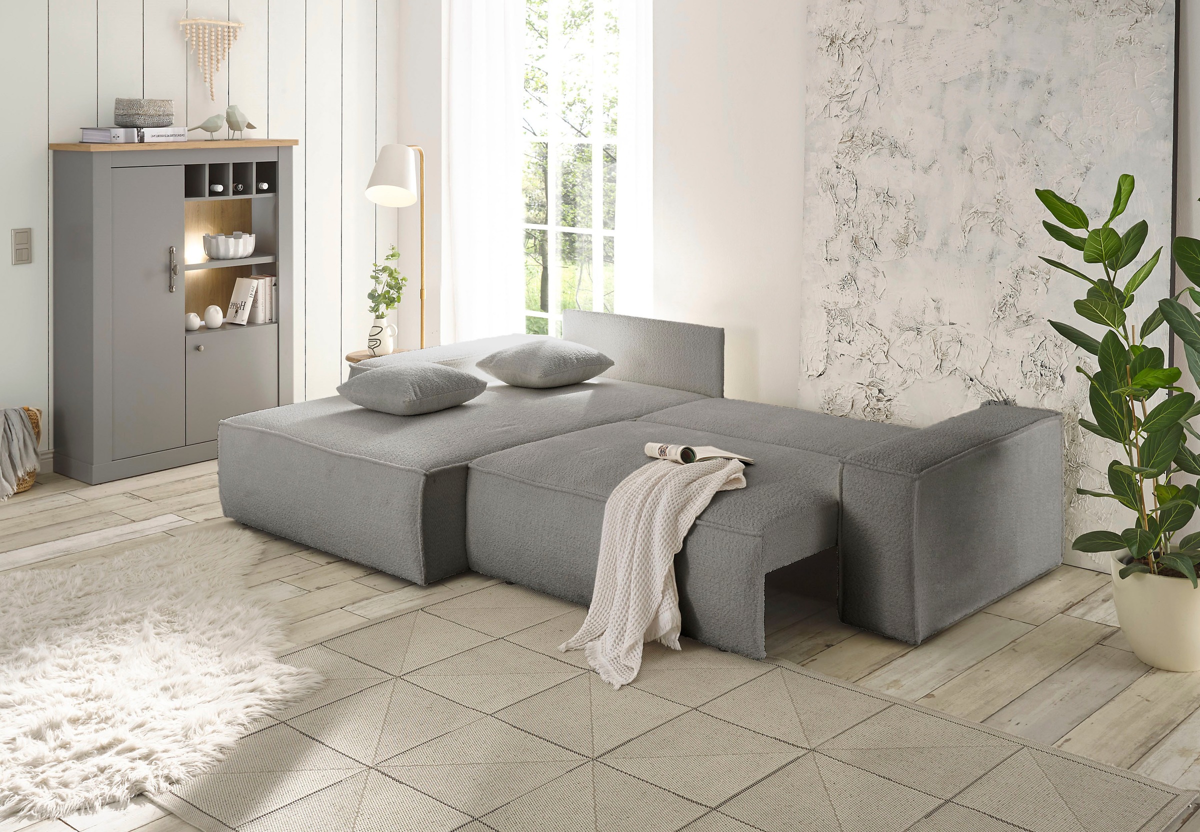 andas Ecksofa »Finnley Schlafsofa 267 cm in Bouclé, Struktur fein u. Cord, L-Form,«, Schlaffunktion m. Bettkasten (136/210 cm), Bouclé, Struktur und Cord