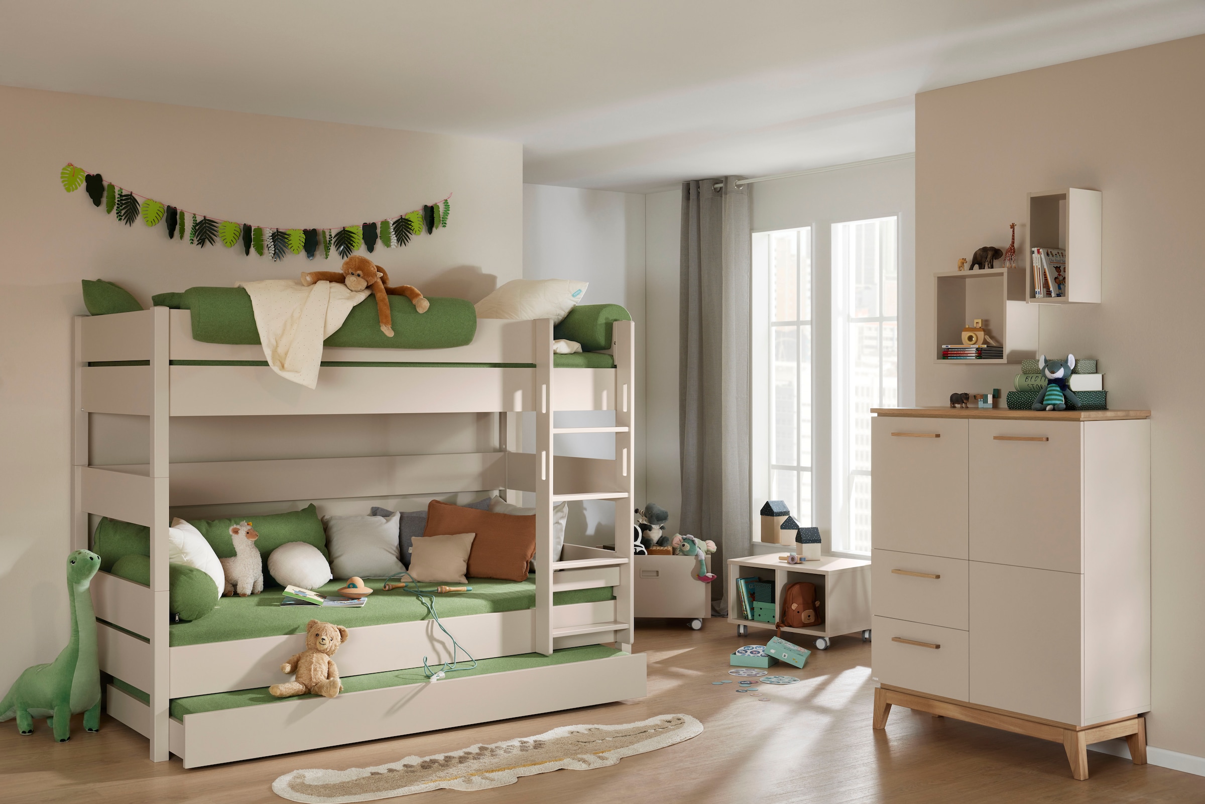 PAIDI Highboard »STIENE in Beige oder Grau, 2 Schubladen und 2 Türen mit Soft-Close« B/H/T ca. 95/123/40cm,  stabiles Regal mit Massivholz, Standregal, geprüfte Qualität