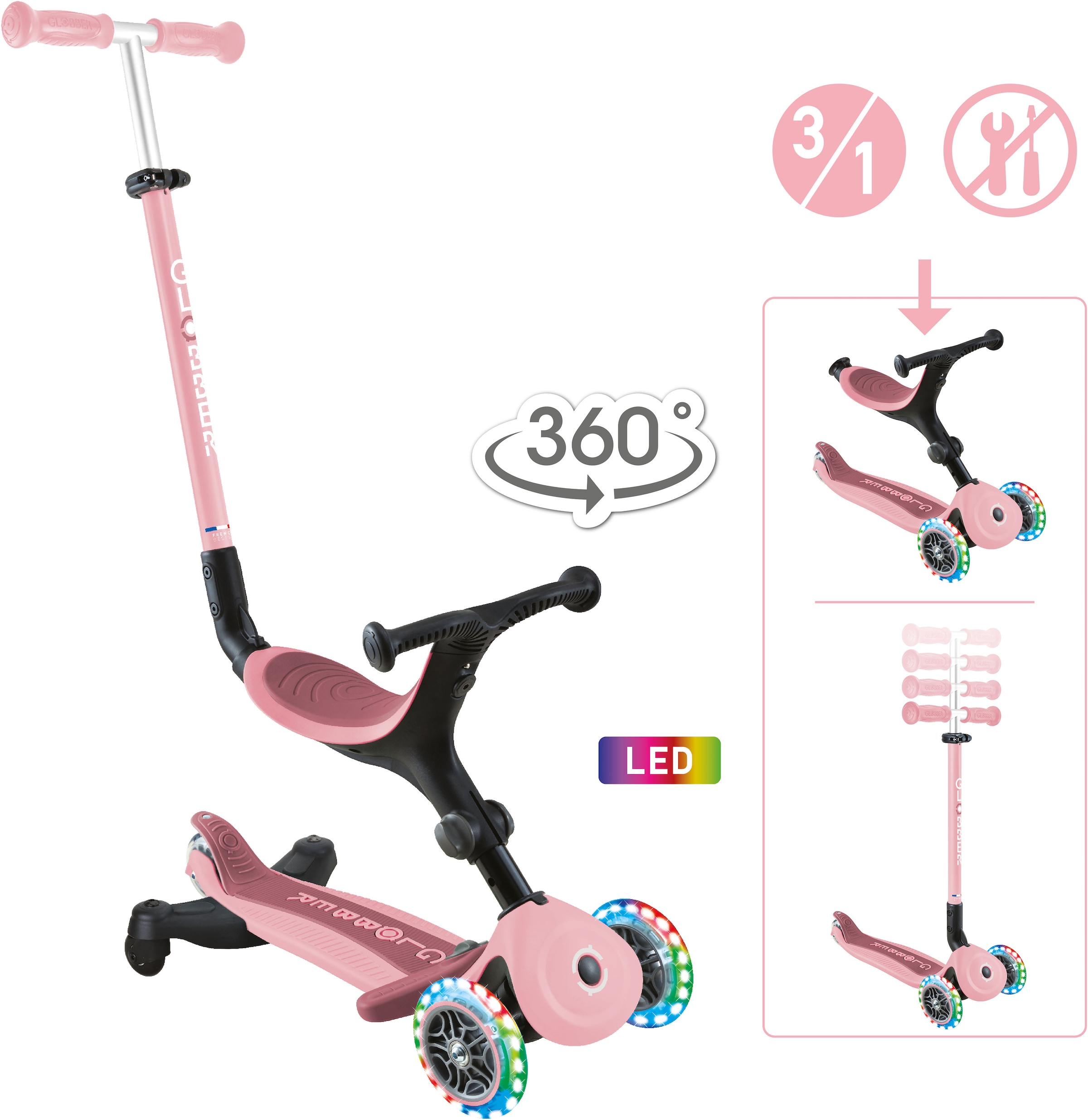 Globber Tretroller »GO-UP ACTIVE LIGHTS 360, mit Leuchtrollen« Aufsitzrad, Laufrad und Scooter