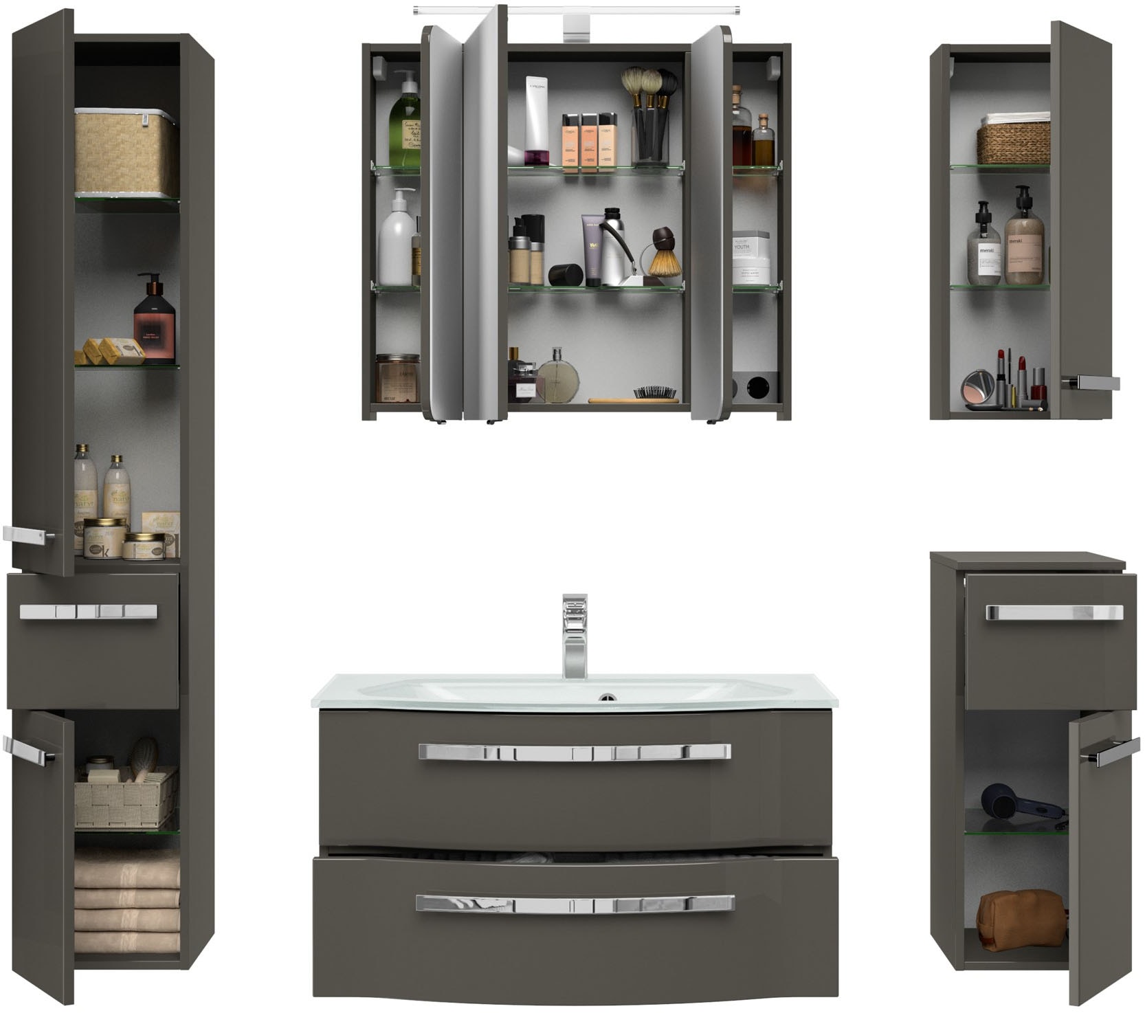 Saphir Badmöbel-Set »Serie 4005, vormontiert, Glaswaschbecken, Spiegelschrank«, (Set, 6 St.), Badezimmer-Set mit Unterschrank, Hängeschrank, Hochschrank, Türdämpfer