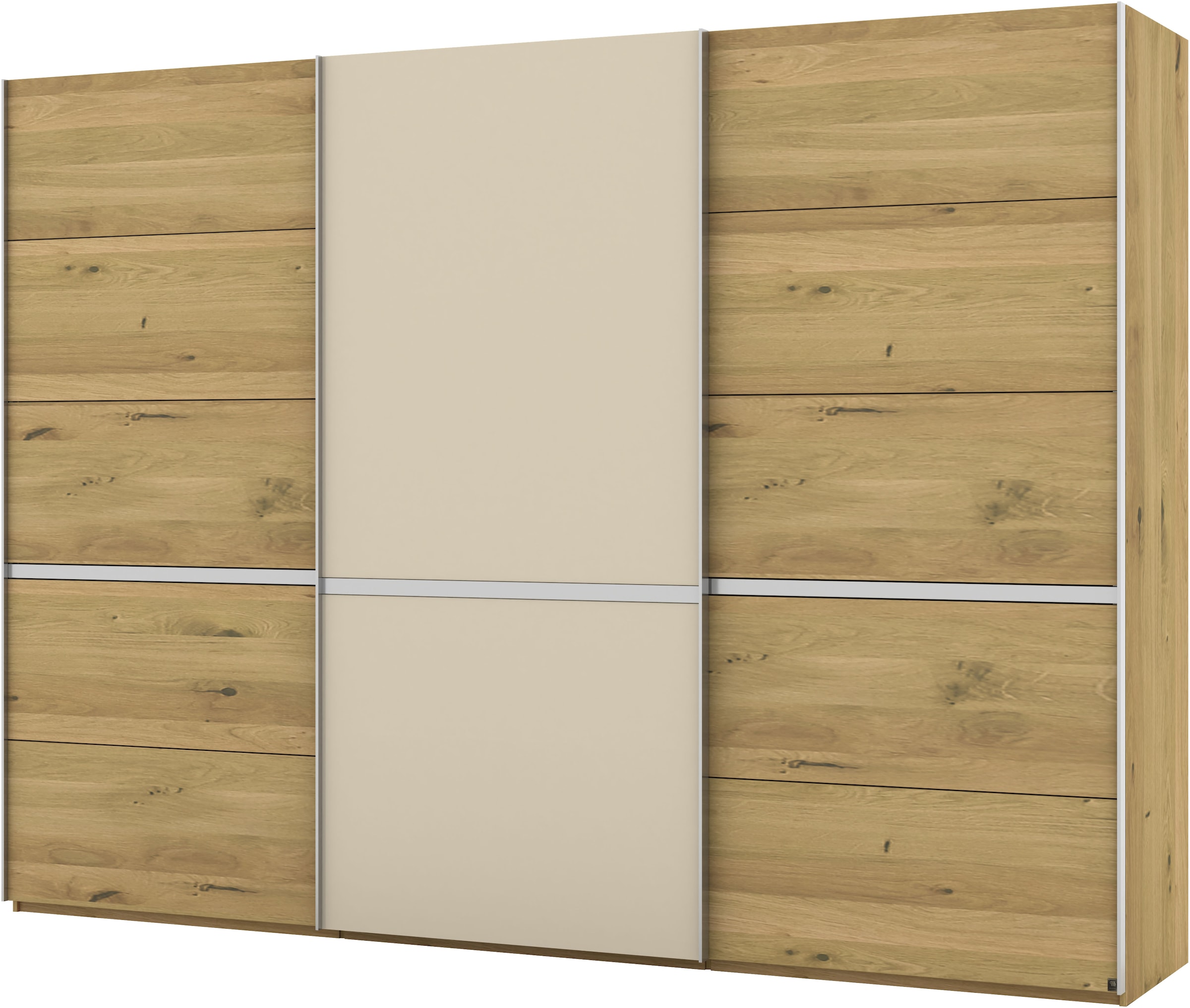 Musterring Schwebetürenschrank »Savona, Kleiderschrank, Schrank, Garderobe, mit Schiebetüren«, (Teilmassiv Bianco-Eiche, mit Spiegel oder Glas, MADE IN GERMANY), Türen Bianco-Eiche massiv, Spiegel-/Glastüren, eingelegte Chromleiste