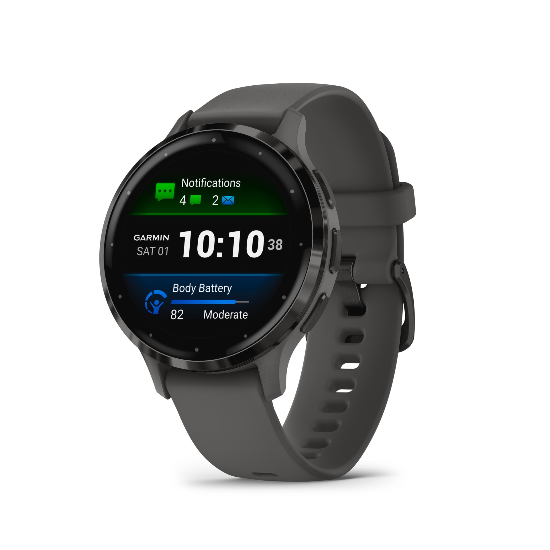 Garmin Venu 3S Watch, Slate Stainless Steel Bezel w/ Pebble Gray Case and Silicone Band, 010-02785-00