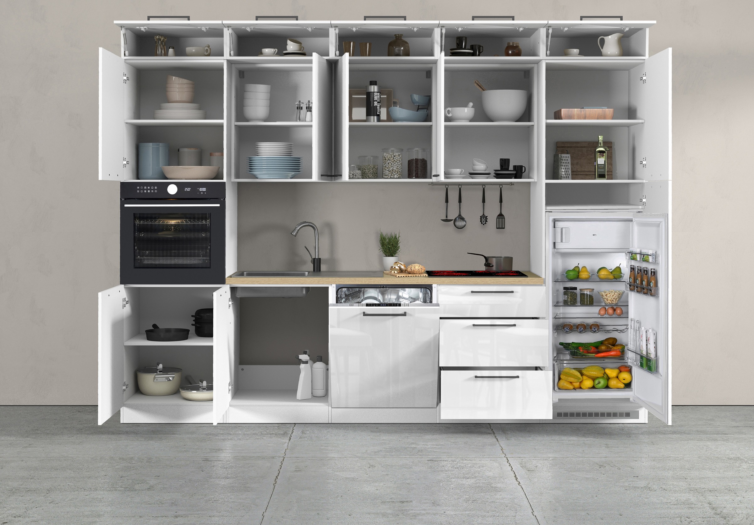 KOCHSTATION Küchenzeile »Luna, Einbauküche, Zeilenküche, mit Soft-Close Funktion, Made in Italy« Breite 300 cm ohne E-Geräte, mit Spüle+Siphon und Aufsatz