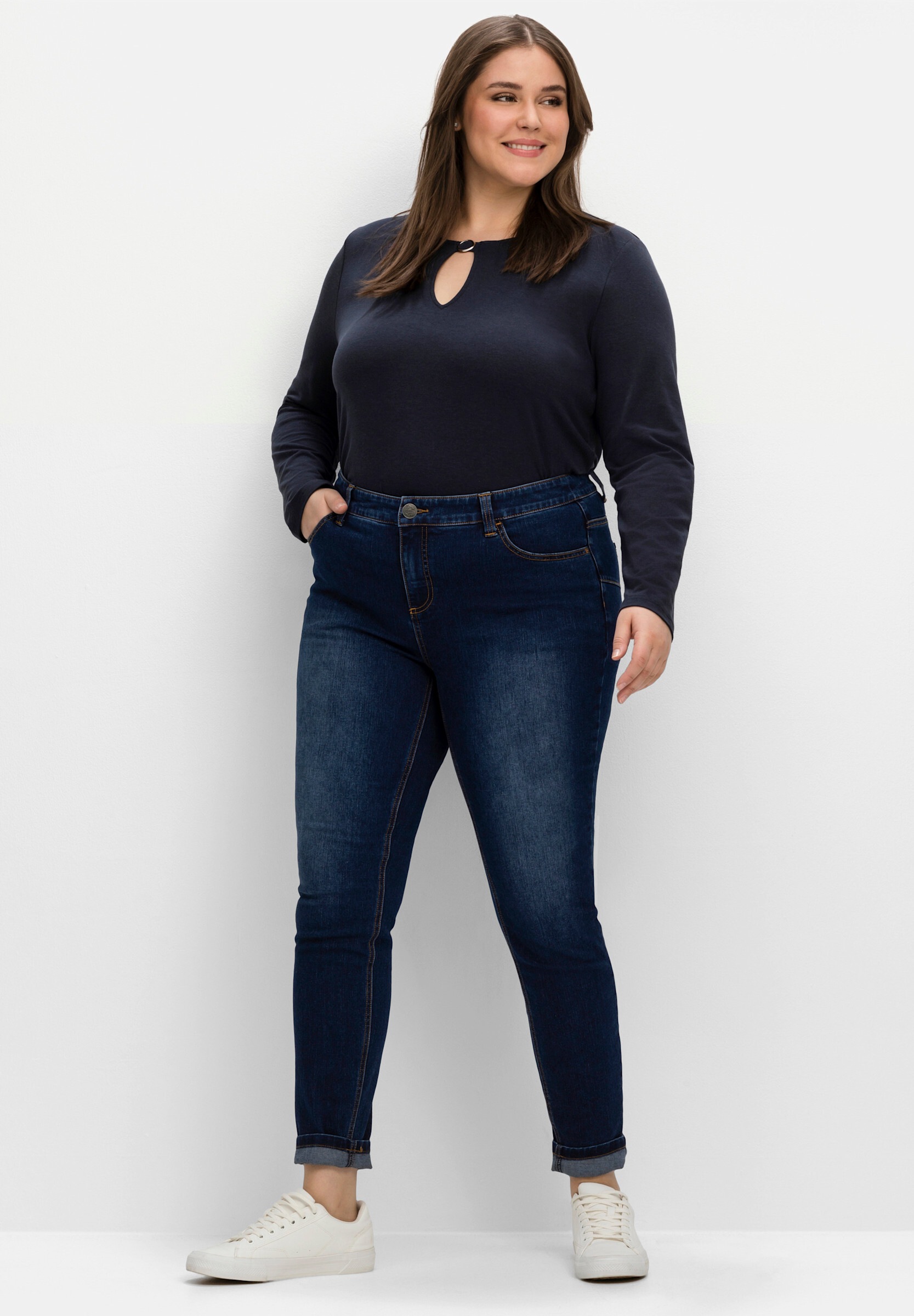 Sheego 5-Pocket-Jeans »Stretch-Jeans Skinny Jeans mit bequemer Taille« für sehr schmale Beine und mehr Bauch