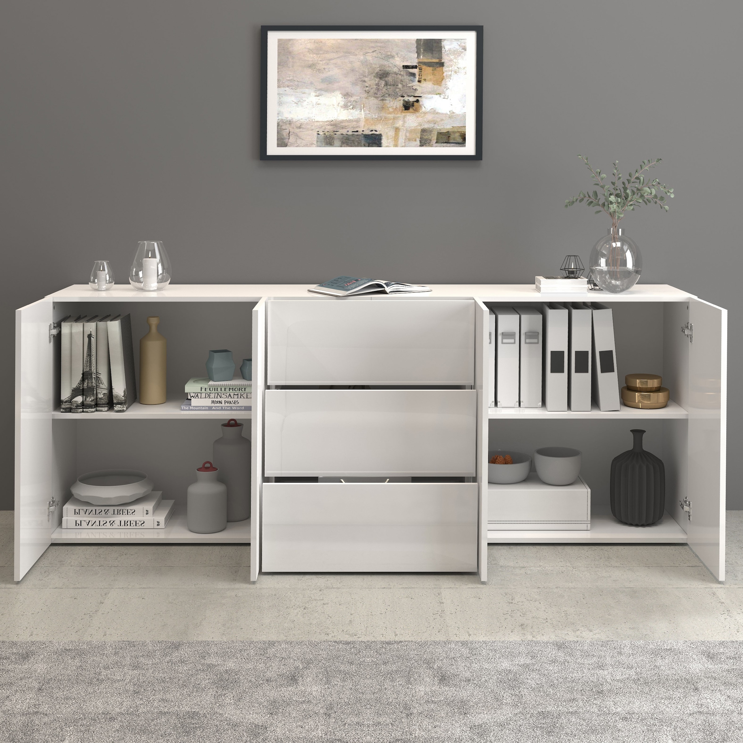 INOSIGN Sideboard »Egypt, Kommode, Schrank, Kredenz, grifflos«, 4 Türen, 3 Schubkästen mit Push-To-Open Funktion, Hochglanz Breite 200