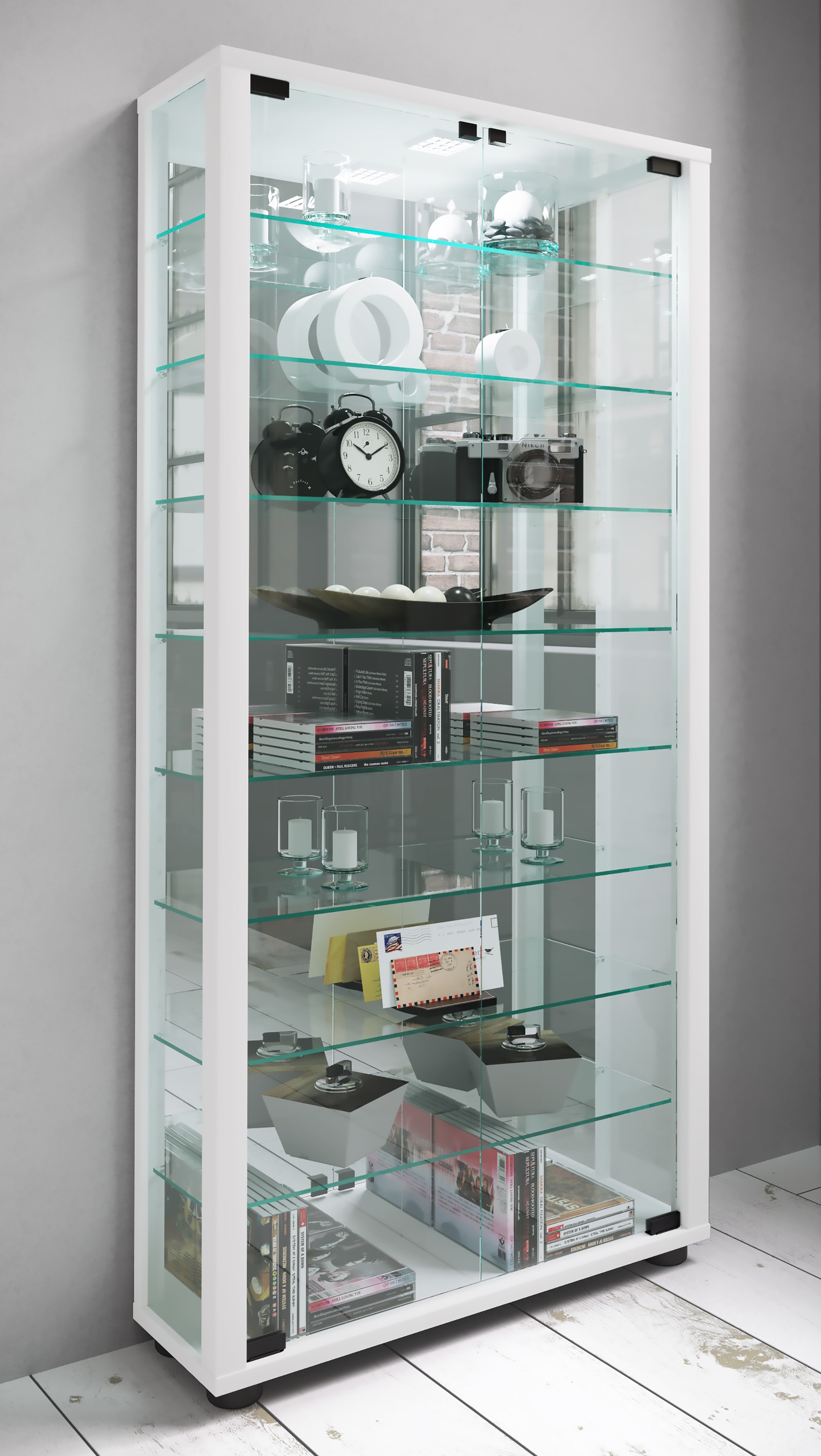 VCM Vitrine »VCM Glasvitrine stehend | Vitrine Glas mit ESG-Sicherheitsglas | Maße ca. H. 115 x B. 59 x T. 18 cm | Standvitrine Glas | Modern und platzsparend | Glas Vitrinenschrank ¿ Lumo Maxi Spiegel« 1 Stk. tlg.