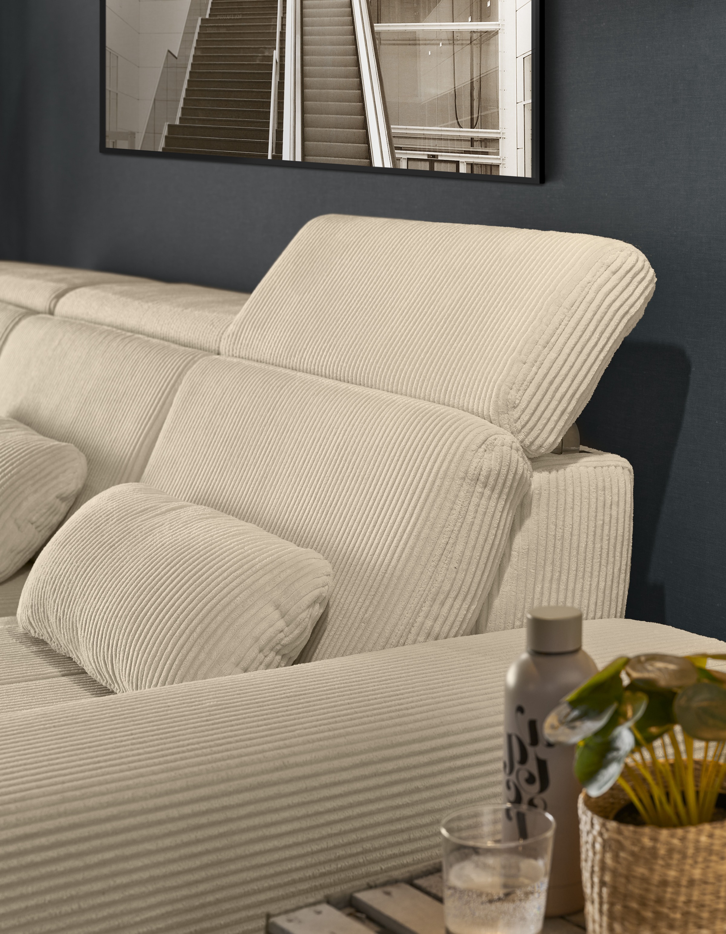 set one by Musterring Ecksofa »SO 3400, Cord, Sitzhöhe 47cm oder 49cm, inkl. Sitztiefenverstellung«, mit Canape und verschiedenen Funktionen, Kaltschaum, B307 x T195 cm