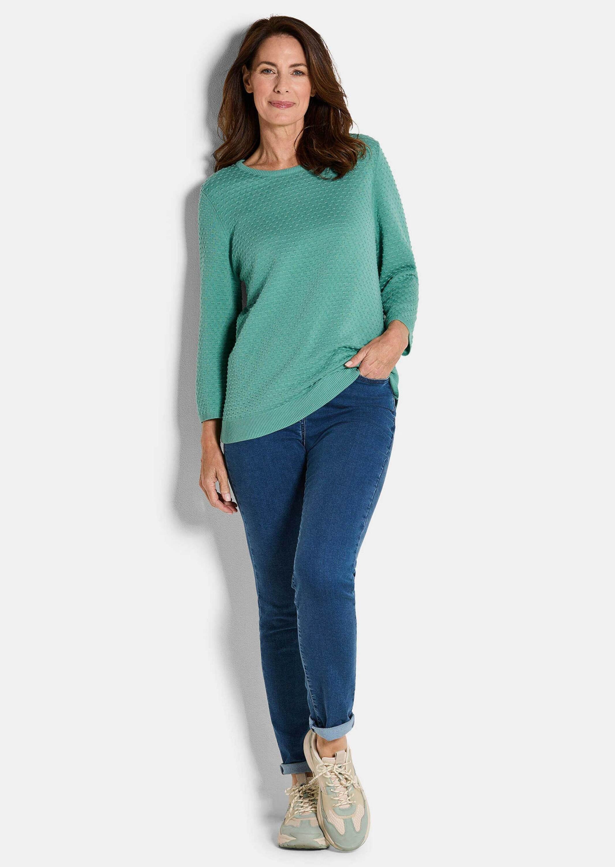 GOLDNER Rundhalspullover »Kurzgröße Halbarm Baumwollpullover mit Struktur« Rundhalsausschnitt