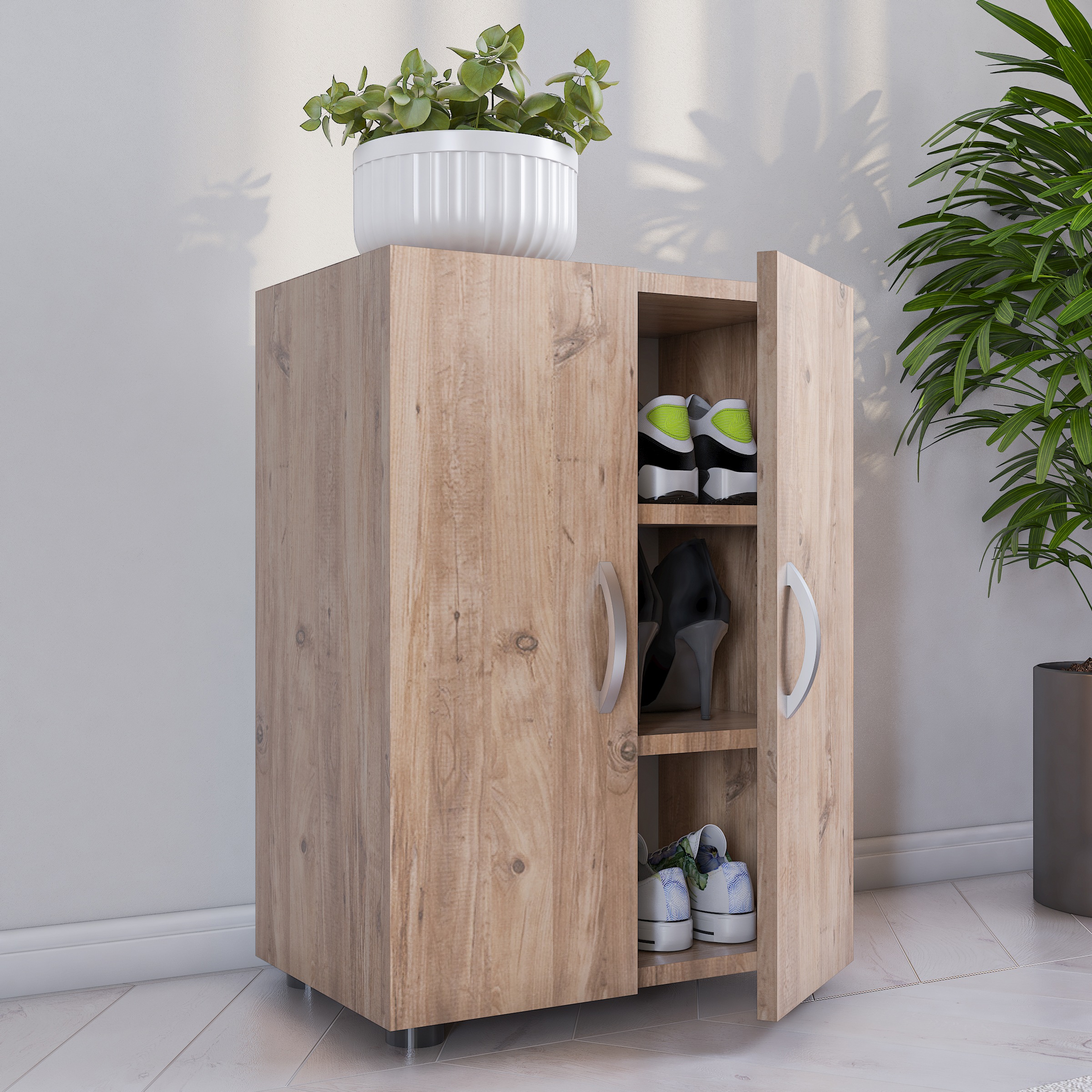 VCM Schuhschrank »VCM Holz Schuhschrank | Maße: H. 74 x B. 49 x T. 30 cm | Allzweckschrank | 3 Fächer | 2 Drehtüren - Ulas« 1 Stk. tlg.