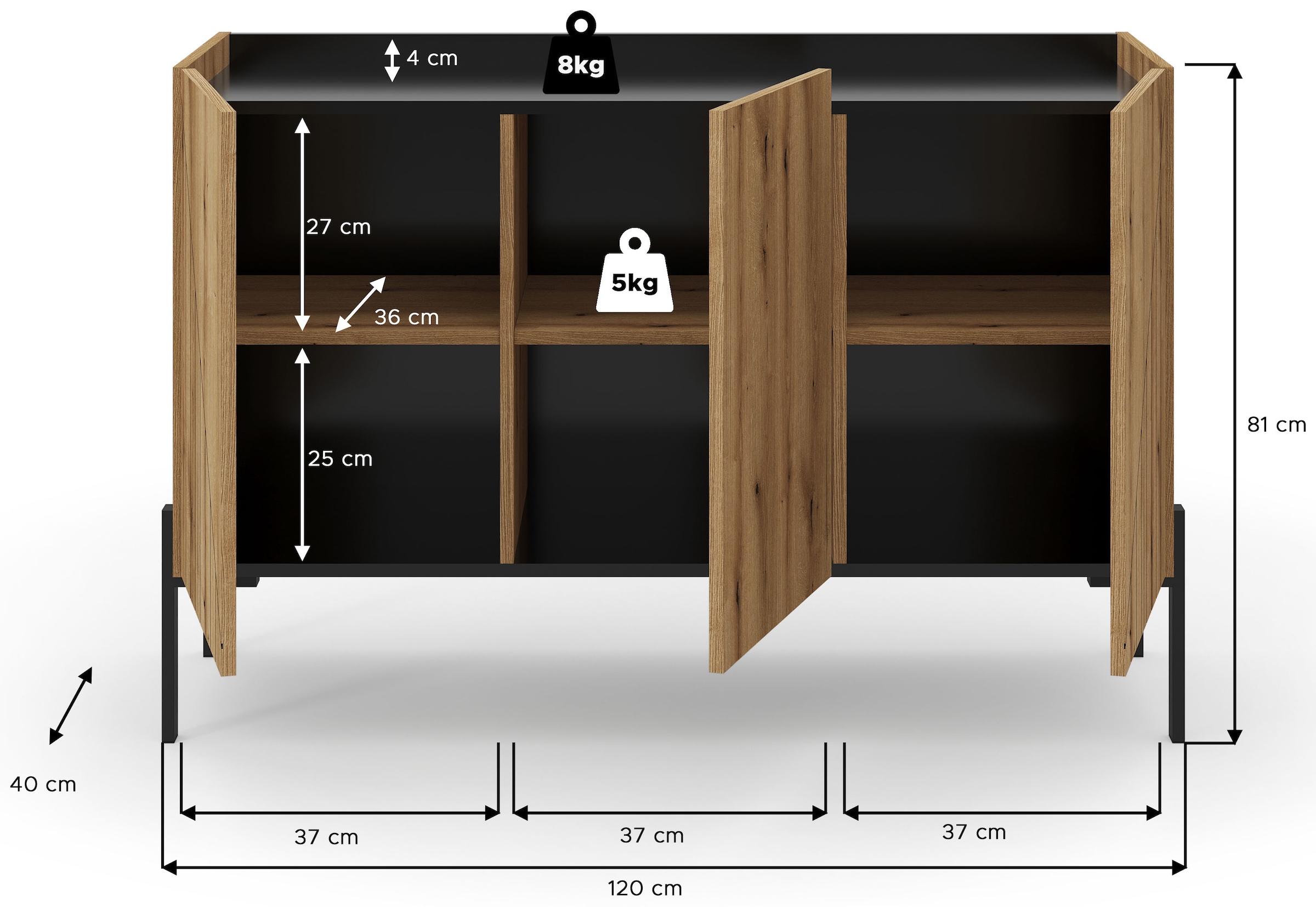 INOSIGN Sideboard »SNETT, Breite: 122cm, mit Metall-Stabfüßen, 3 Türen, 3 Einlegeböden« Anrichte, Kommode, Schrank, Board, Higboard