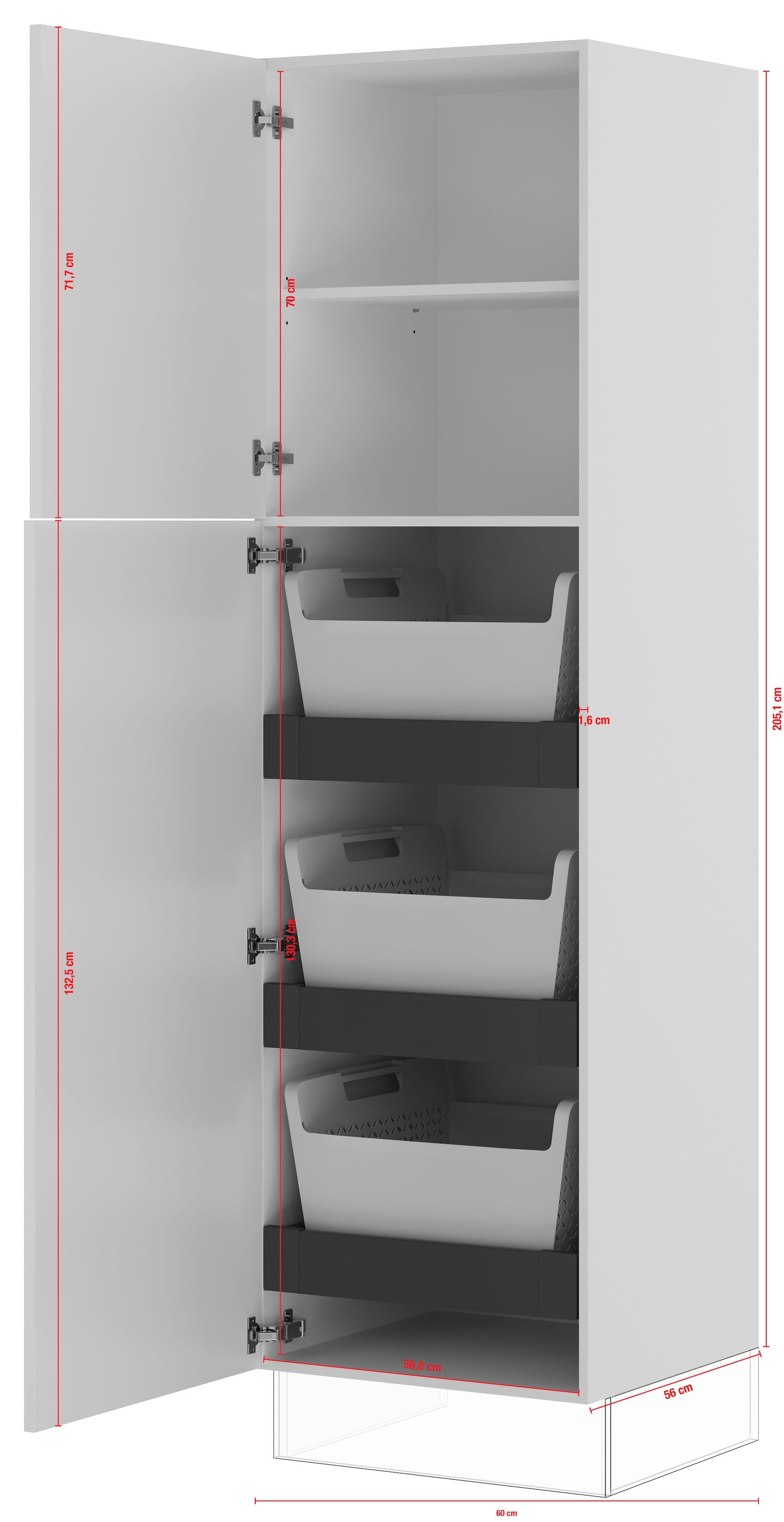 IMPULS KÜCHEN Wäscheschrank »"Valencia", Breite/Höhe: 60/205,1 cm, mit Wäschekörben, mit Drehtüren«, vormontiert, mit Innenschubkästen, mit verstellbarem Fachboden