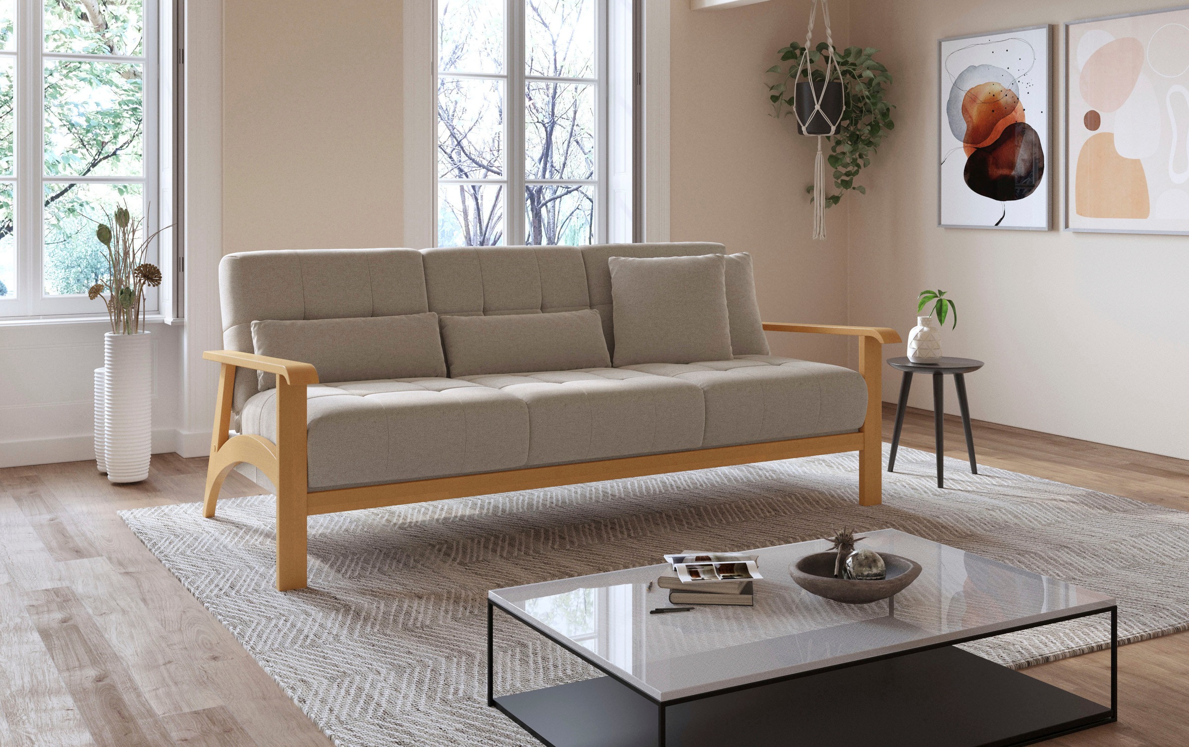 sit&more 3-Sitzer »Billund«, Armlehnen aus eichefarbigem Buchenholz, verschiedene Bezüge und Farben