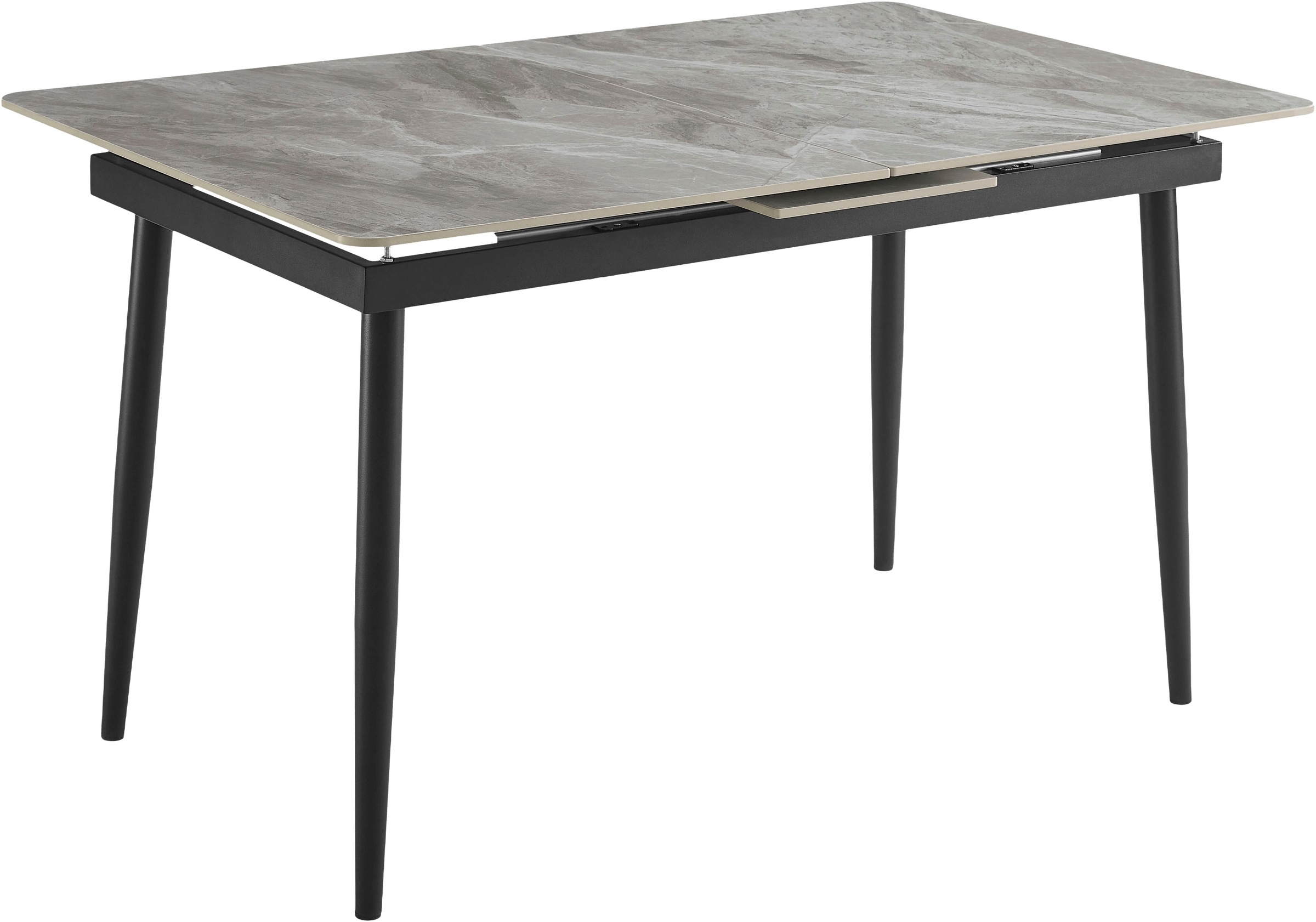 OTTO home Eckbankgruppe »Stevian« Set, 1 ausziehbarer Esstisch + 1 Eckbank Recamiere links + 2 Stühle, 4 Stk. tlg. Holz, Strukturstoffbezug, Freischwingerstühle, gesteppten Bänken