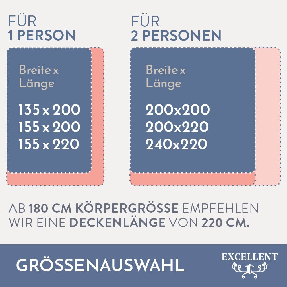 Excellent Daunenbettdecke + 3-Kammer-Kopfkissen »Venedig, 2-tlg, hergestellt in Deutschland, verschiedene Größen«, (Spar-Set, 2-Tlg.), Decke mit Kissen,Set, Sommer, Winter, Bettdecke 135x200 cm, 155x220 cm
