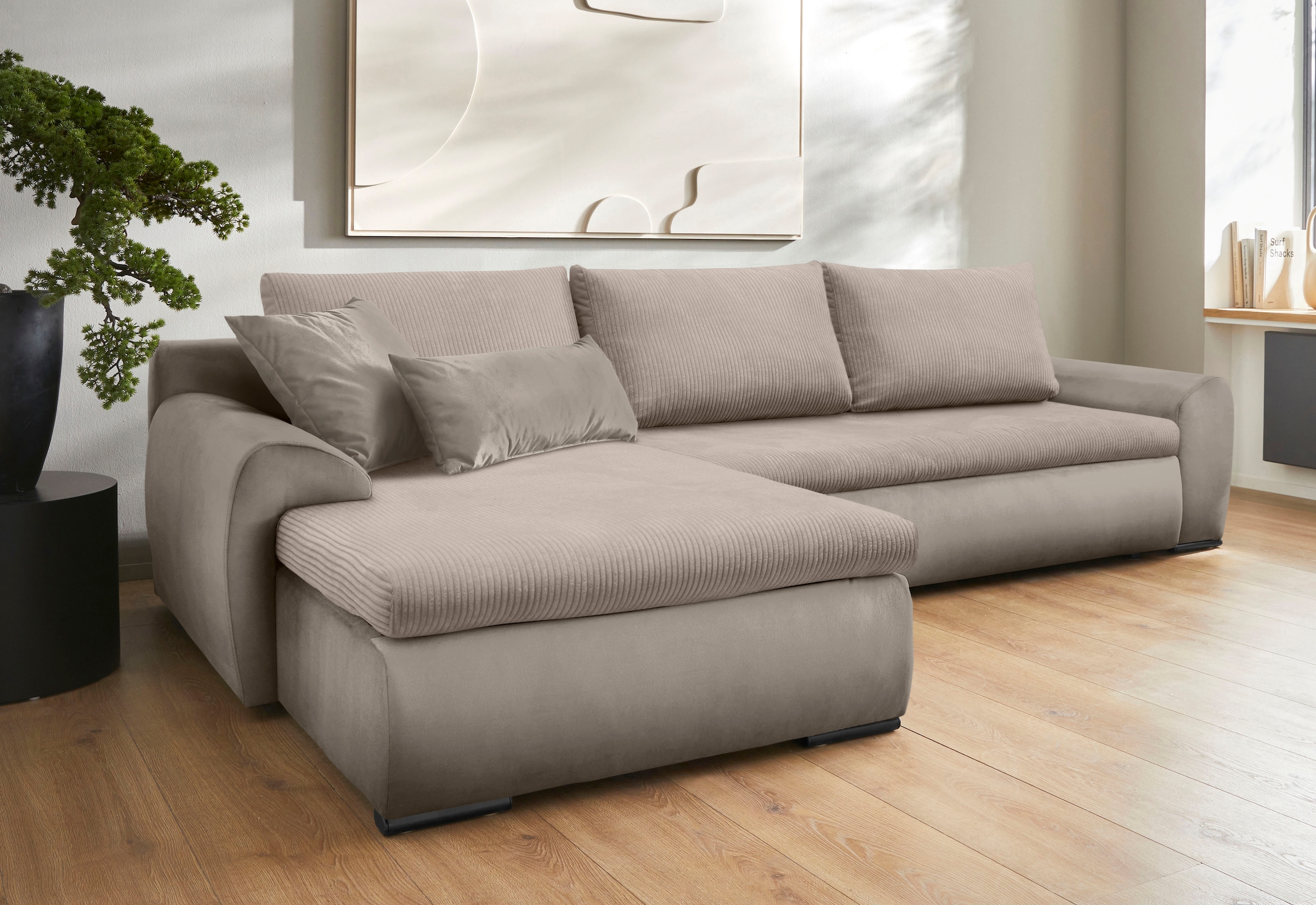 Home affaire Ecksofa »Win, L-Form, Breite 285cm«, optional mit Schlaffunktion und Bettkasten, taupe, Cord