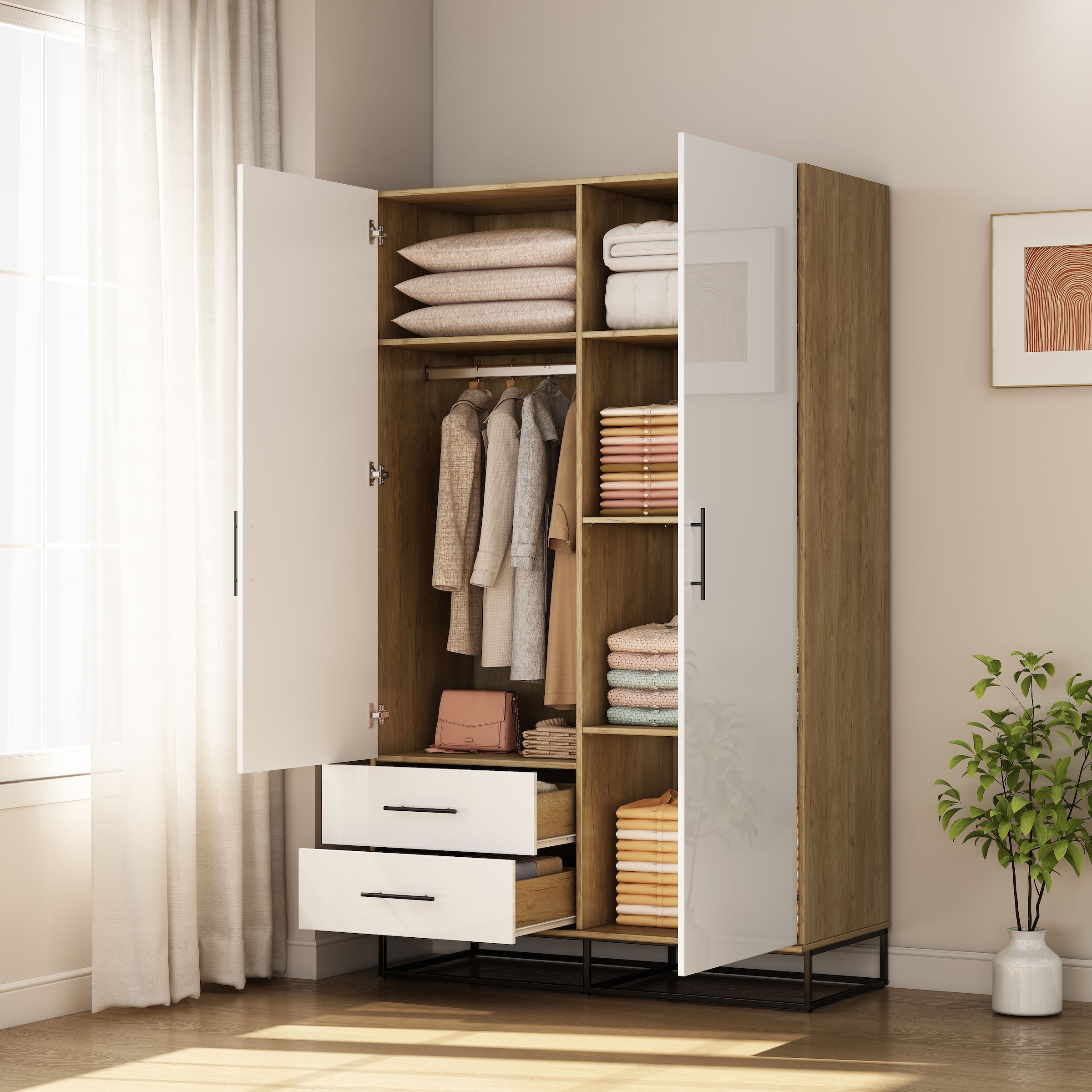 OTTO home Kleiderschrank »Lucca Schlafzimmerschrank Garderobe Hochglanz Bestseller« Hochwertige schwarze Griffe und Kufengestell aus Metall,  Schlafzimmerschrank mit 2 Türen und 2 Schubladen, Breite 120cm