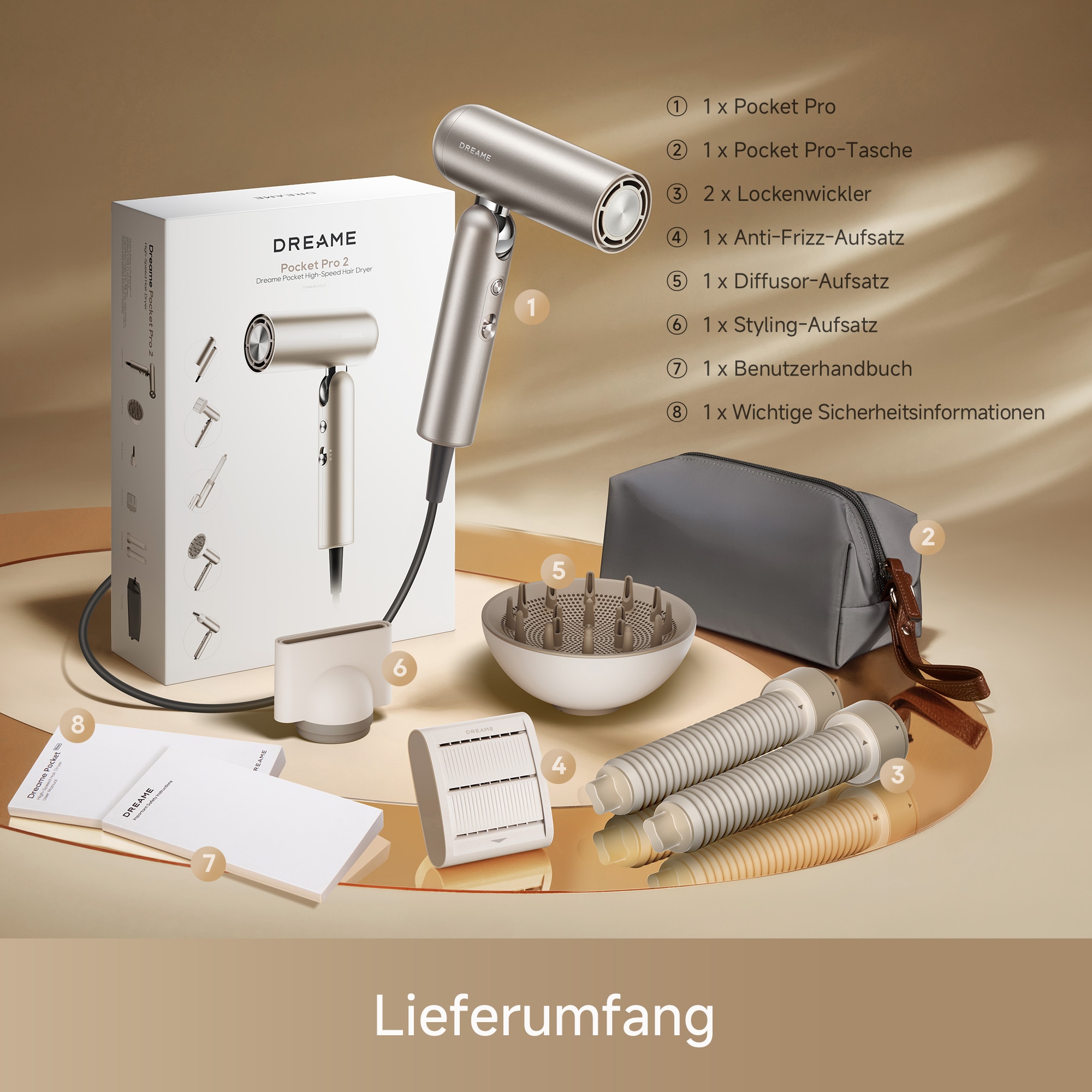 Dreame Haartrockner »Pocket Pro« 1.300 W 4 Aufsätze Hitzeschutz, Diffusor, Anti-Frizz, Lockenaufsätze