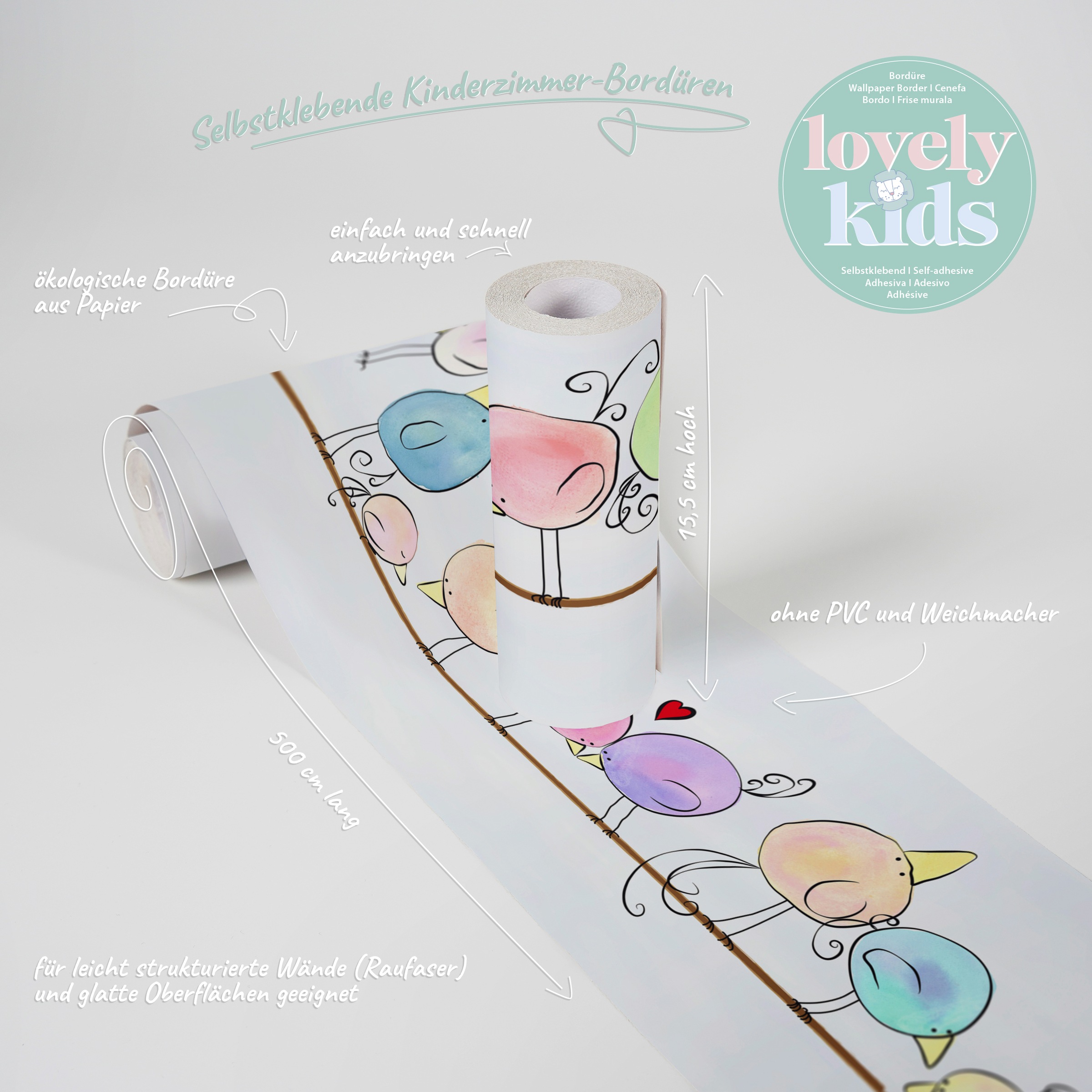 A.S. Création Bordüre »Funny Birds« Motiv | abstrakt | naturalistisch glatt Kindertapete Tapete für Baby- und Kinder Borte Design Kinderzimmer