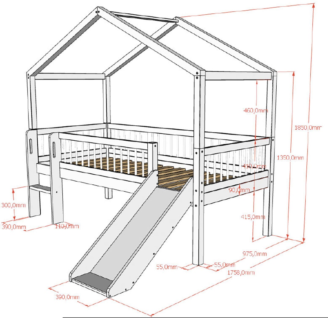 Vipack Hausbett »Forrest ist ein hochwertiges Massivholz Haus Bett "Made in Europe"« inkl. Rolllattenrost, Dachaufbau, Absturzschutz, Leiter und Rutsche,  wahlweise aus massiver Eiche geölt oder Buche massiv weiß lackiert