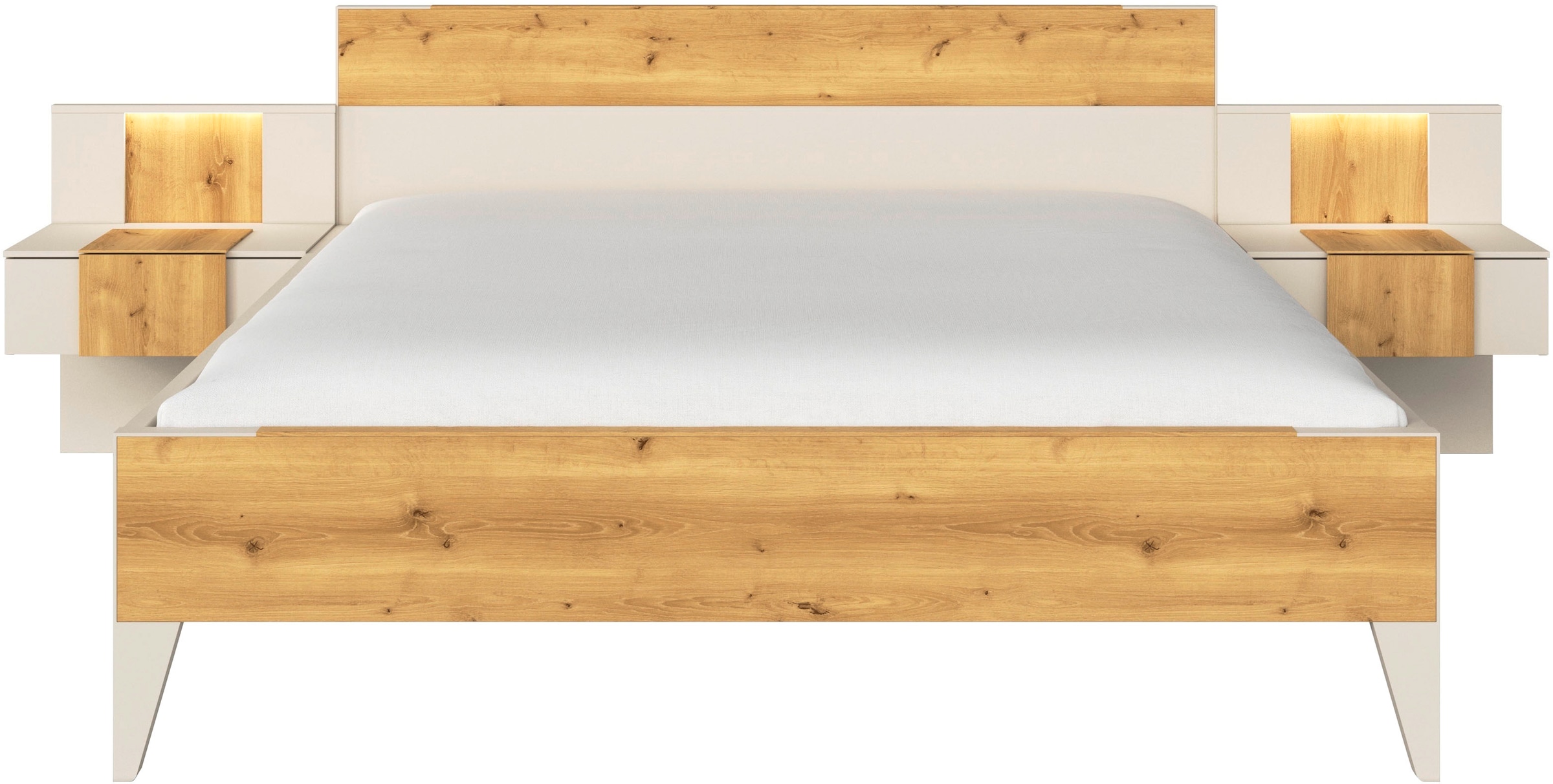 rauch Bettanlage »Bett Doppelbett Komfortbett Schlafzimmer Nachttische KONA« Set, Bett 180x200 oder 200x200, 2x Hängenachttisch, 2x Paneele mit Bel., 5 tlg. tlg. Absetzung Asteiche massiv, inkl. SOFT-CLOSE-FUNKTION MADE IN GERMANY