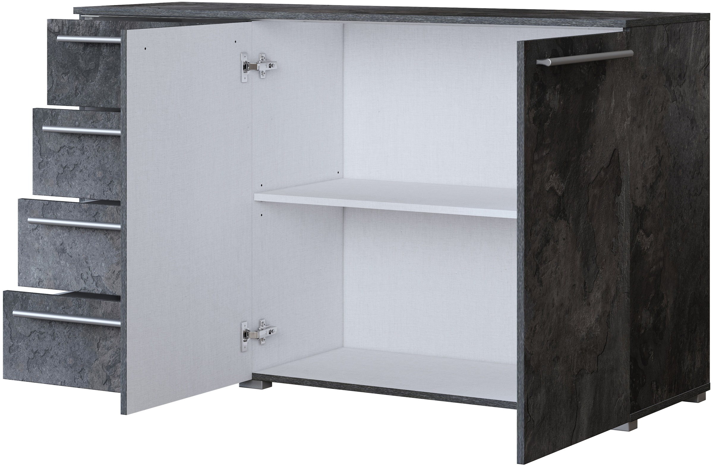 INOSIGN Sideboard »India, aus FSC-zertifiziertem Holzwerkstoff, Made in Europe«, (135x81x41 (BxHxT), Schieferoptik oder weiß mit Hochglanzfronten), Schubladenschrank inklusive Beleuchtung mit Fernbedienung