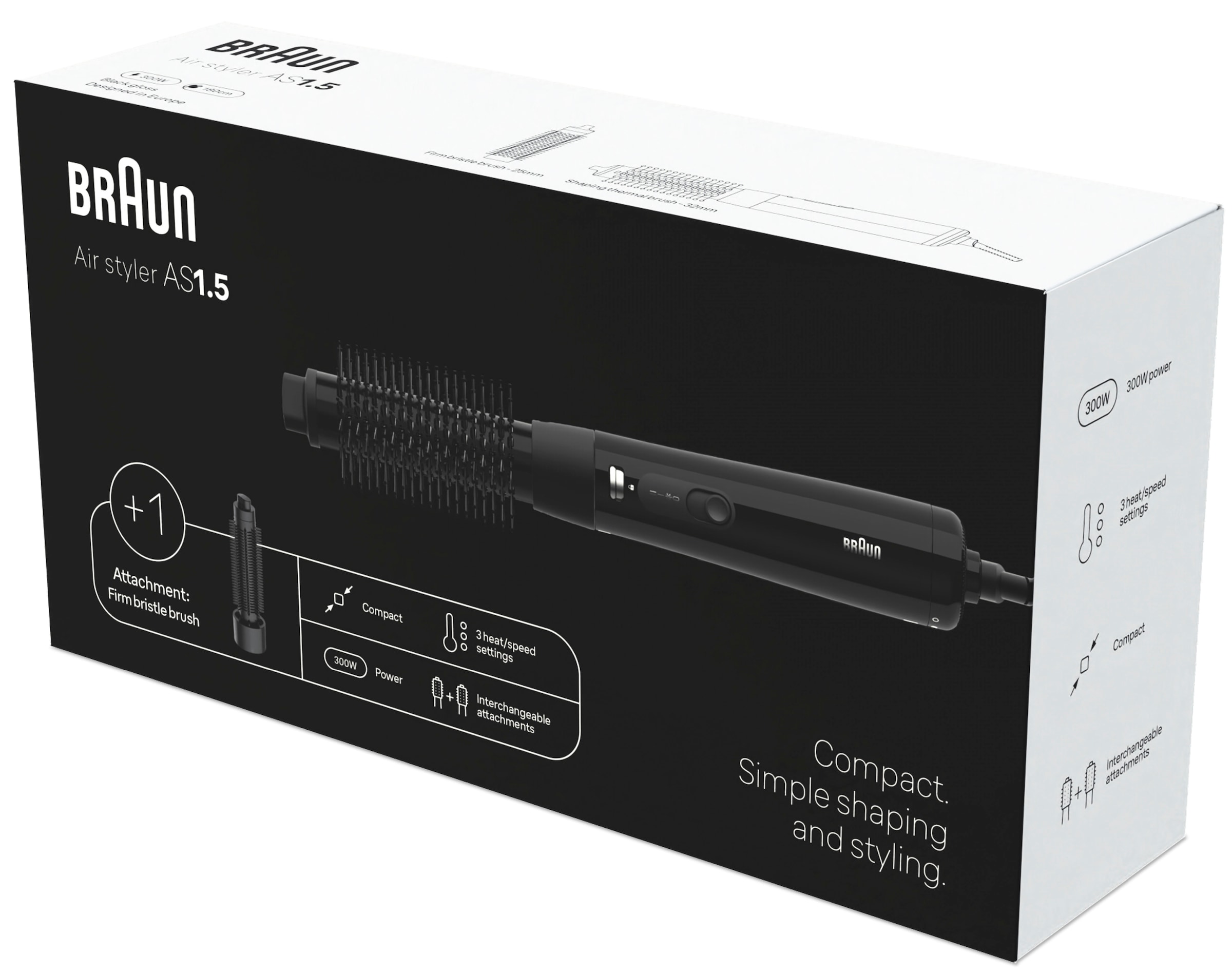 Braun Warmluftbürste »AS1.5, für kurzes Haar und Volumen, BRAS150E« 2 Aufsätze 300W, 3 Stylingstufen, Rundbürstenföhn mit 2 Aufsätzen, sehr kompakt