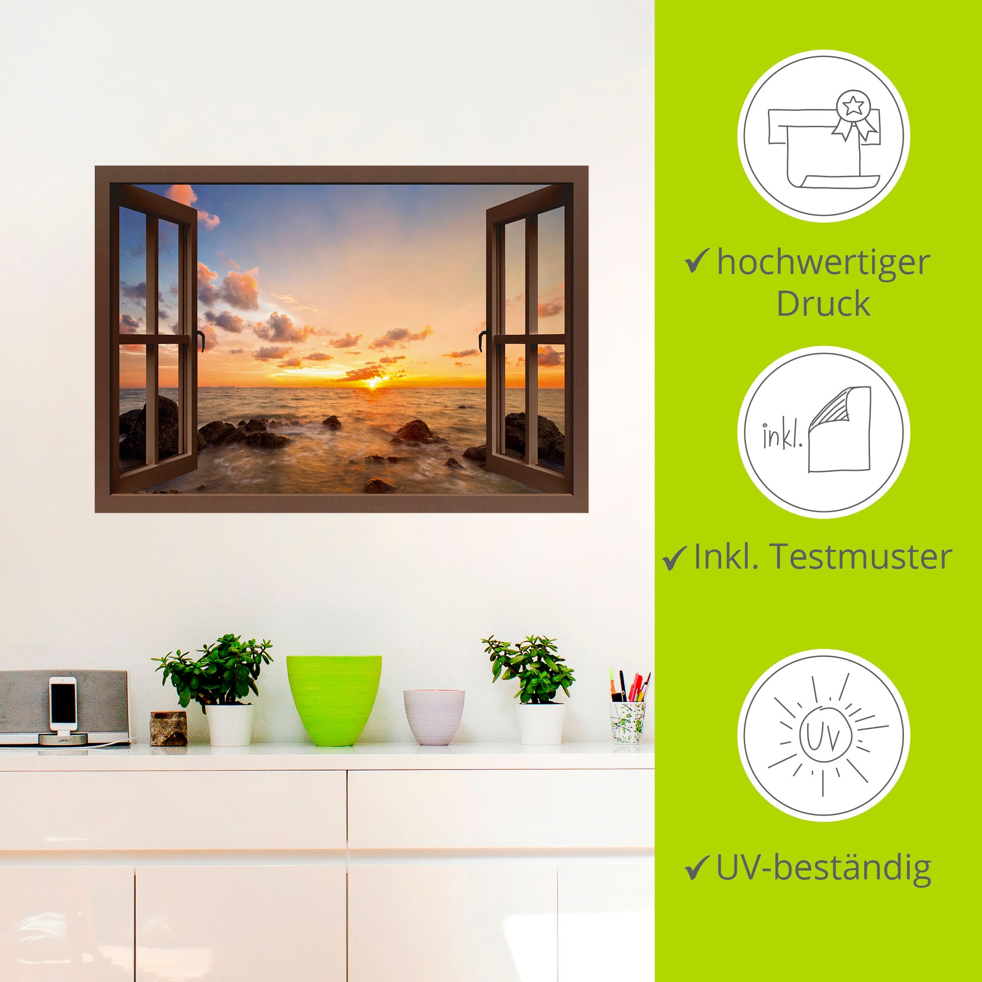 Artland Wandbild »Fensterblick Sonnenuntergang am Meer«, Fensterblick, (1 St.), als Alubild, Outdoorbild, Leinwandbild, Poster, Wandaufkleber