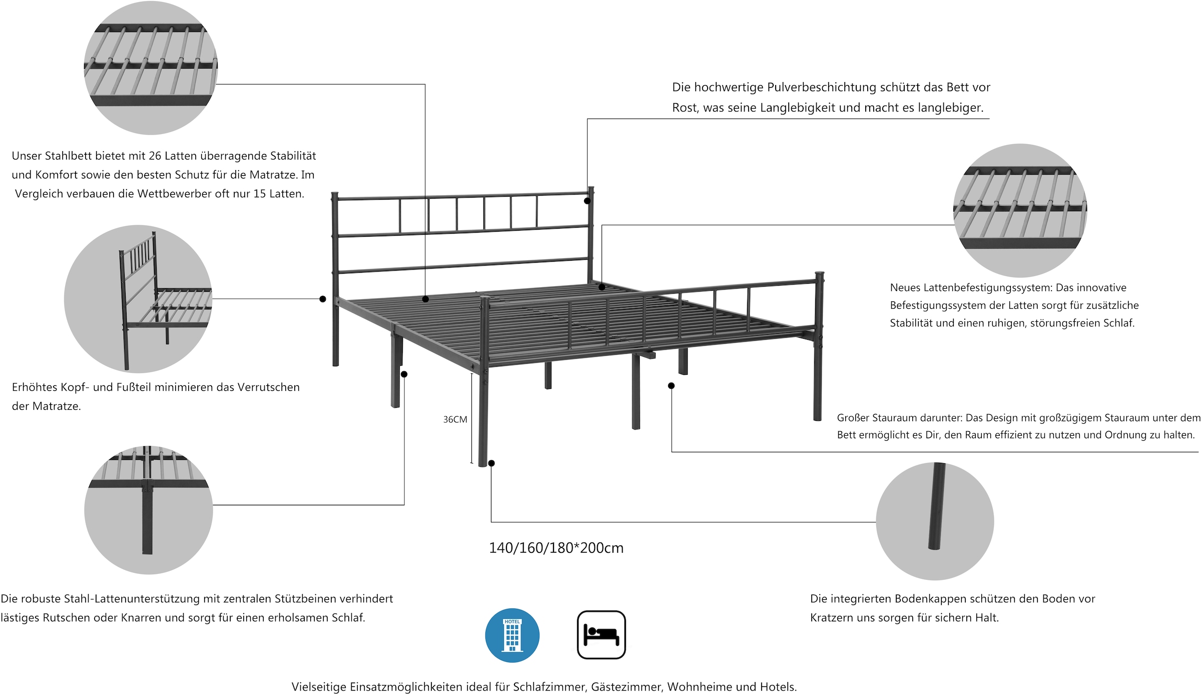 INOSIGN Metallbett »Amrum Bett Bettgestell Bettrahmen Einzelbett Doppelbett Stahlbett«, (2m Länge und in 4 Breiten wählbar - 90, 140, 160, 180 cm), Schlafzimmerbett inkl. 26 Lattenroste zum Schutz der Matratze
