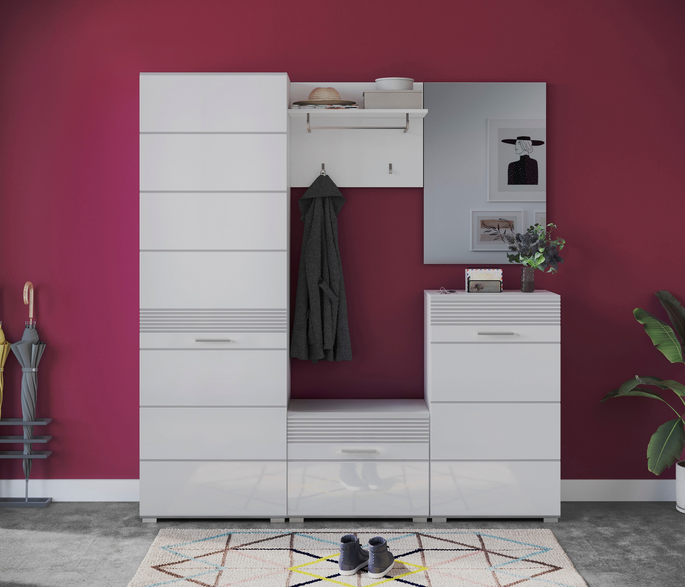 INOSIGN Garderoben-Set »Malmö, Breite 170cm, MDF Front mit Rillenfräsung, 5-teilig, best. aus:«, (5 St.), Garderobenschrank, Sitzbank, Garderobenpaneel, Schuhkommode & Spiegel