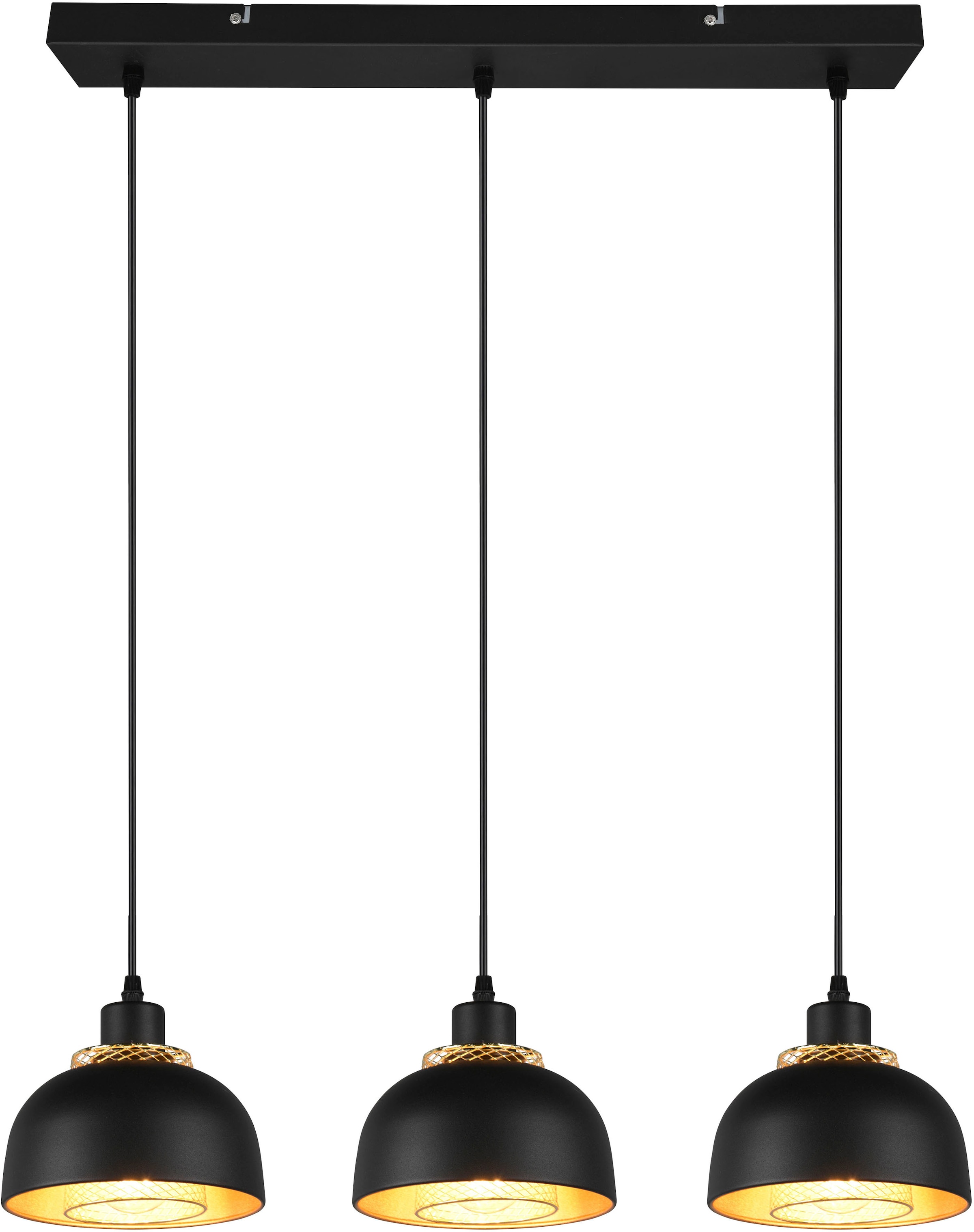 REALITY Leuchten Pendelleuchte »Punch«, 3 flammig, Leuchtmittel E27 | ohne Leuchtmittel, 3-flg, Industrie-Look mit Doppelschirm schwarz-gold exkl 3xE27 max 40W
