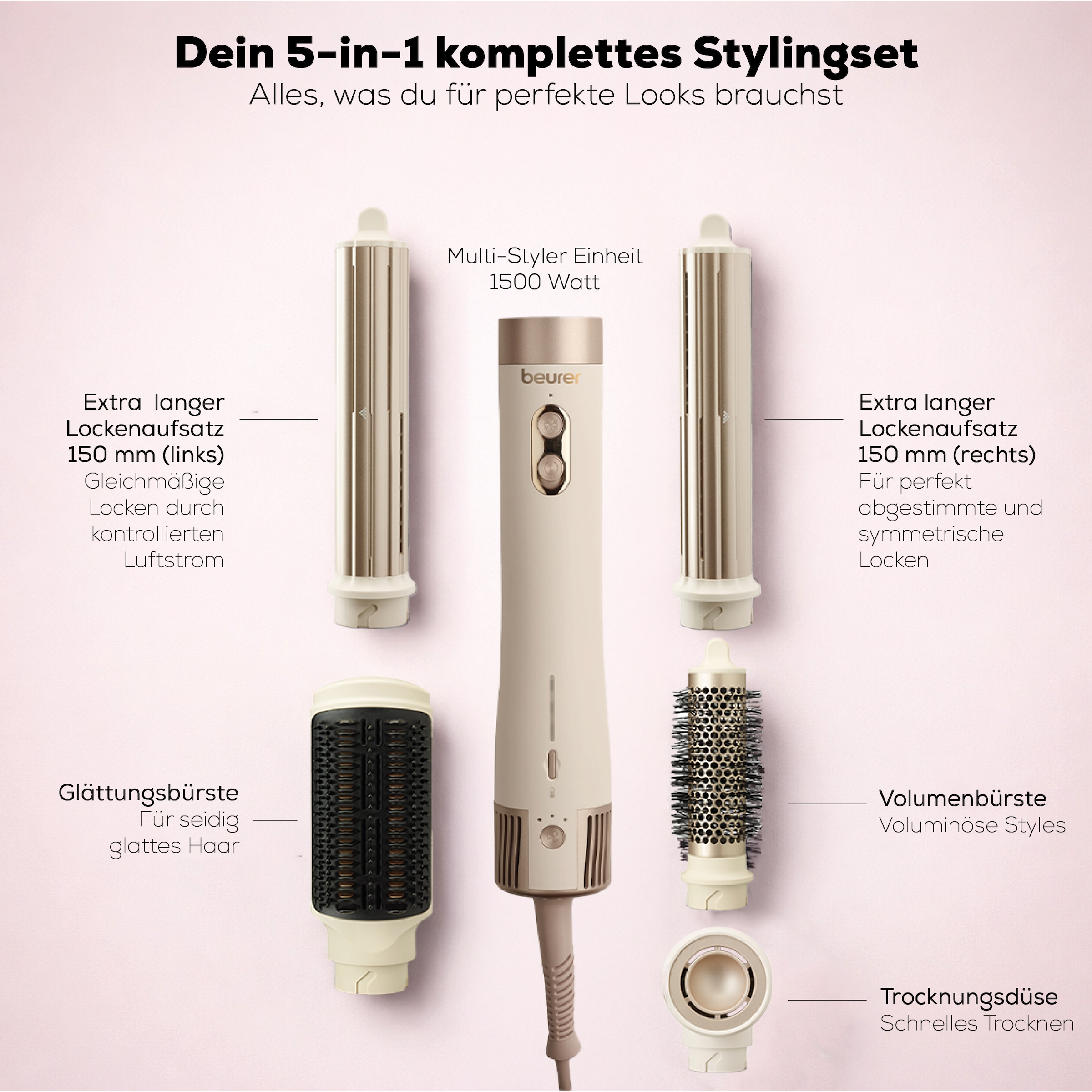 BEURER Multihaarstyler »HT 100 Airstyler vielseitiger 5-in-1 Multistyler« 5 Aufsätze Für Trocknen, Glätten, Locken und Volumen