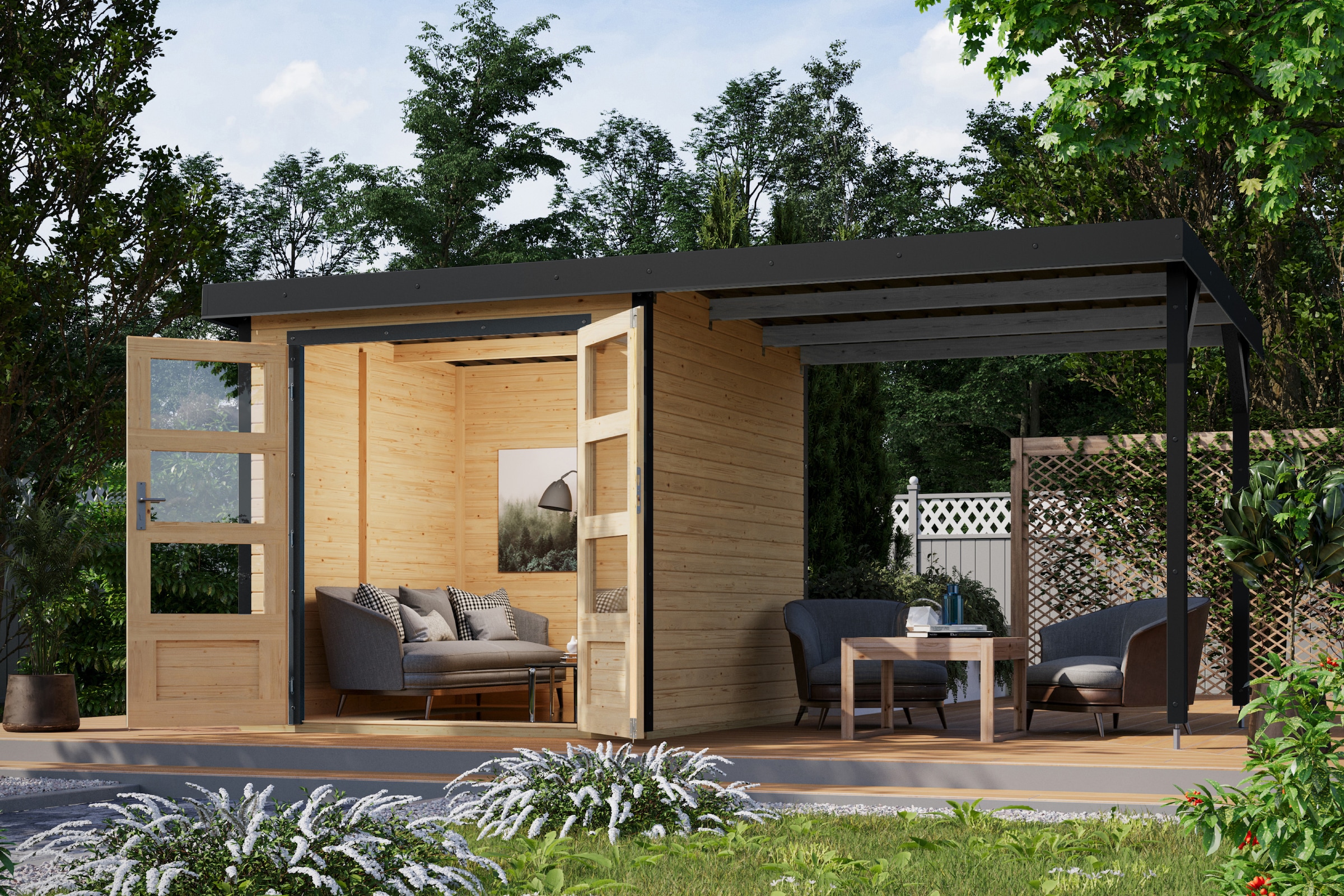 Karibu Gartenhaus »Jupiterino 2  SET, in verschiedenen Farben« inkl. Anbaudach, Made in Germany