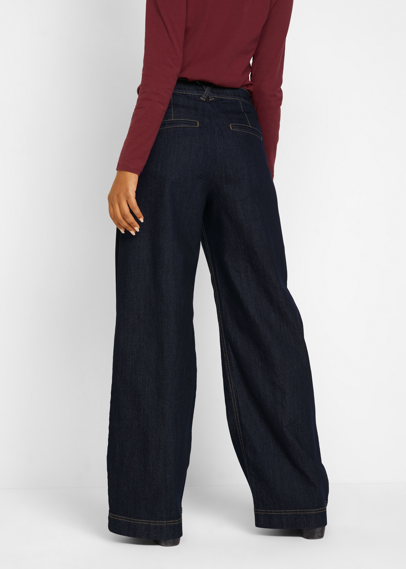 bonprix Weite Jeans »Wide-Leg-Jeans High Waist, Bequembund« Loose Fit Passform, High Waist, mit Bundfalten