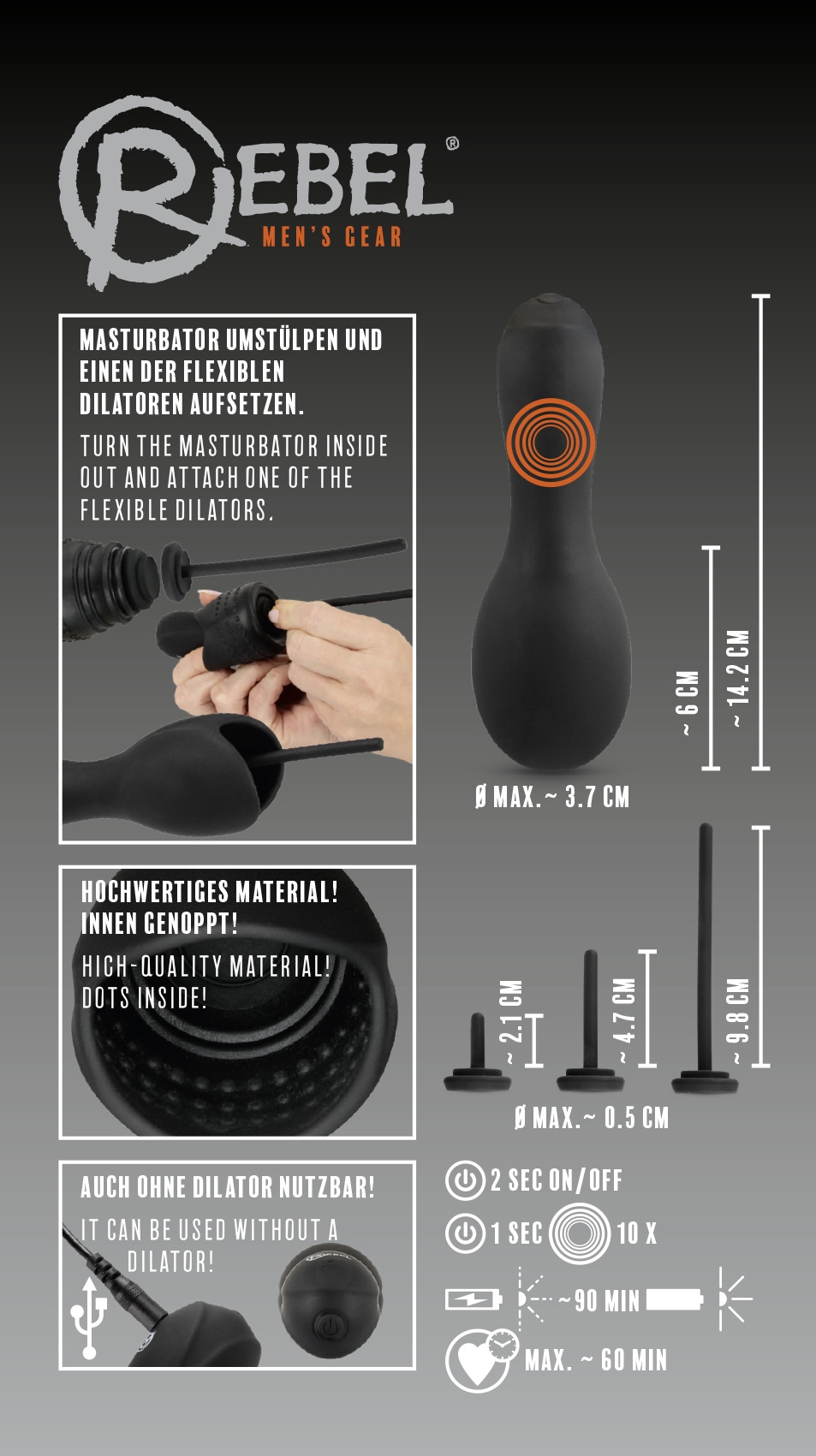 REBEL Masturbator »Masturbator mit Vibration Glans Masturbator with 3 attachable Dilators«