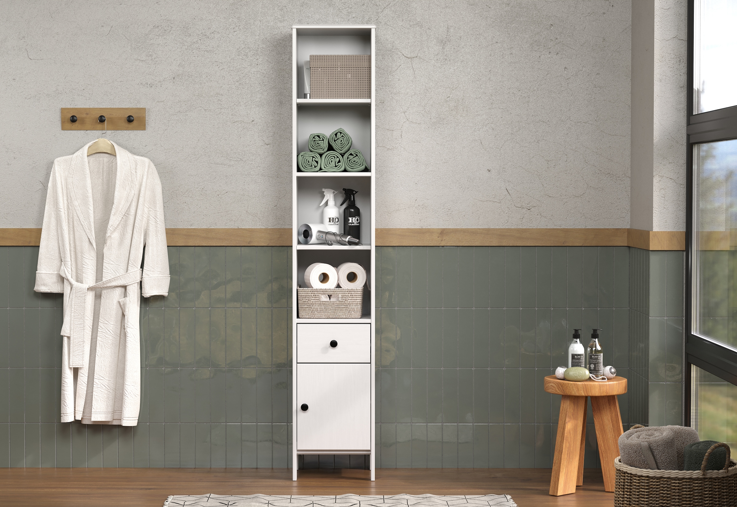 welltime Hochschrank »Kall«, (1 St.), Badschrank aus Kiefer-Massivholz mit Schublade - (B/T/H) 35/33/188 cm