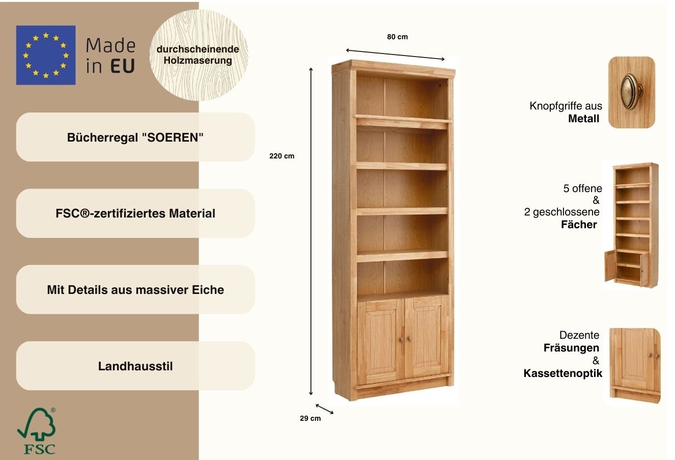 Home affaire Bücherregal »Soeren Eiche Regal B/T/H: 80/29/220 cm mit 2 Türen« aus teilmassiver Eiche, FSC®-zertifiziert, insgesamt 7 Fächer