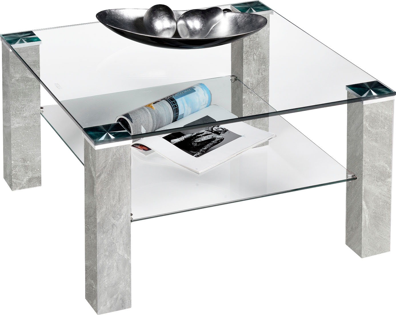 PRO Line Couchtisch, mit Glasplatte, Ablageboden aus Glas, Gestell aus Holz, quadratisch