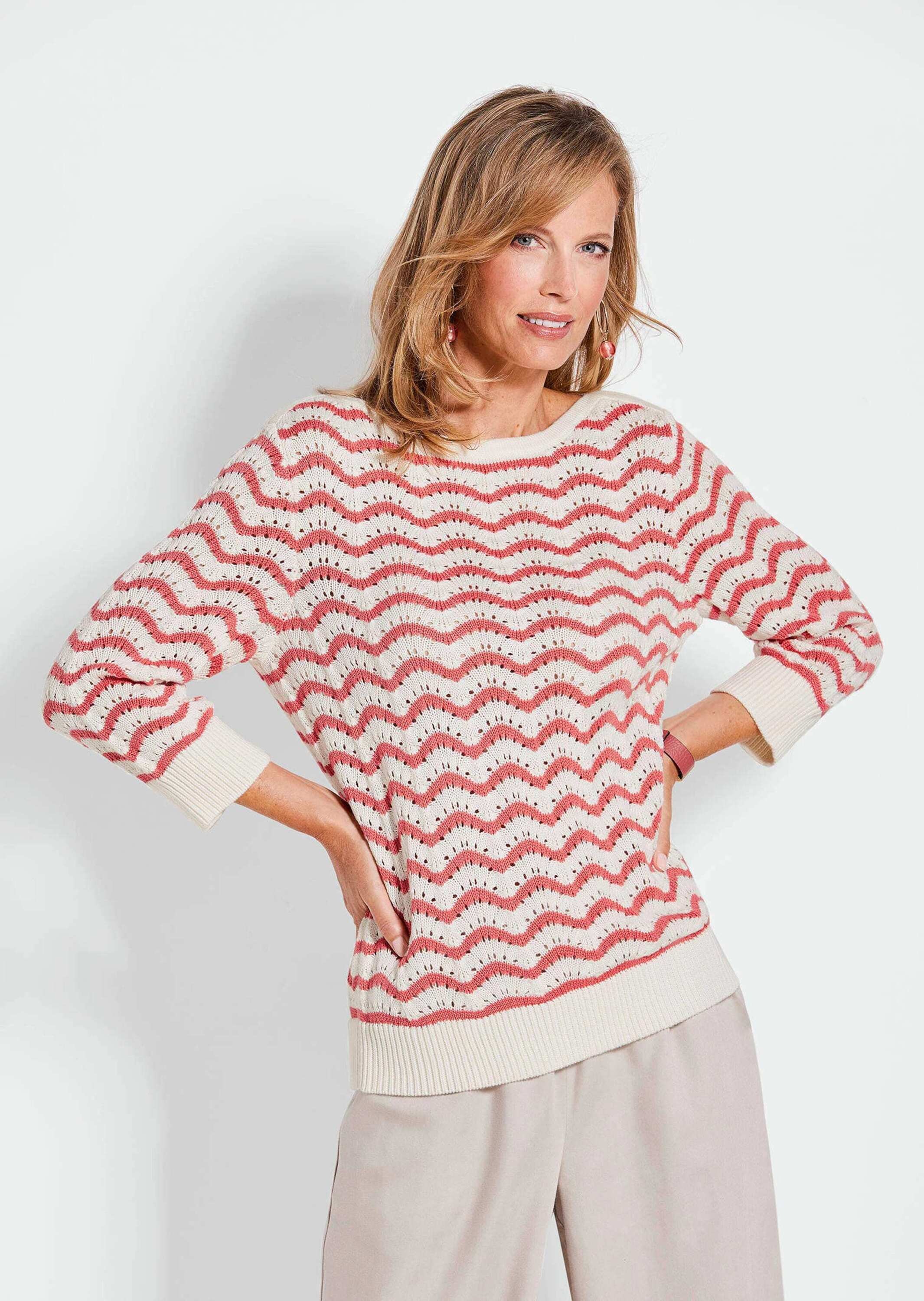GOLDNER Rundhalspullover »Kurzgröße Ringelpullover mit 3/4-Arm und Ajourdetails«