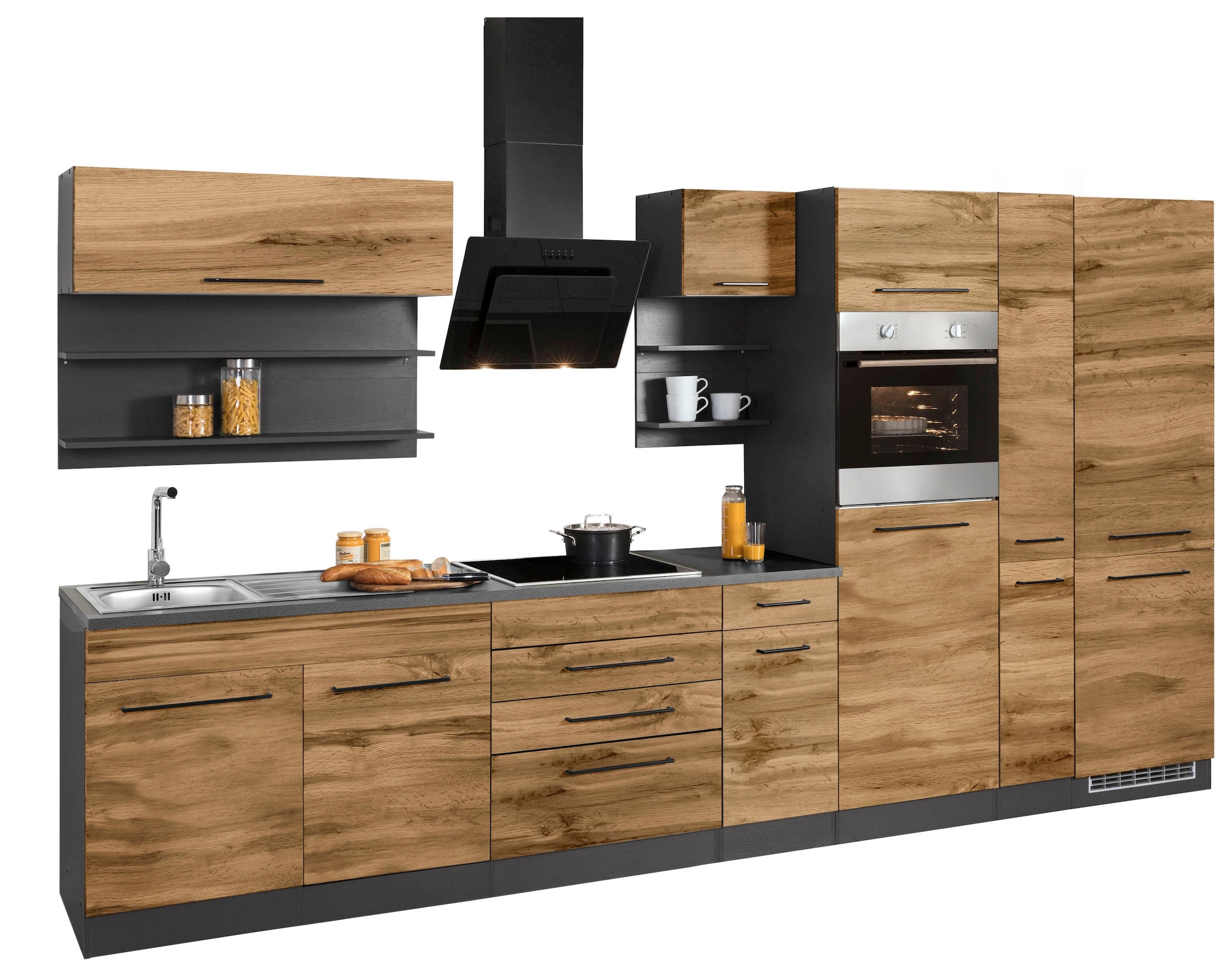 KOCHSTATION Küchenzeile »KS-Tulsa«, ohne E-Geräte, Breite 360 cm, schwarze Metallgriffe, MDF Fronten