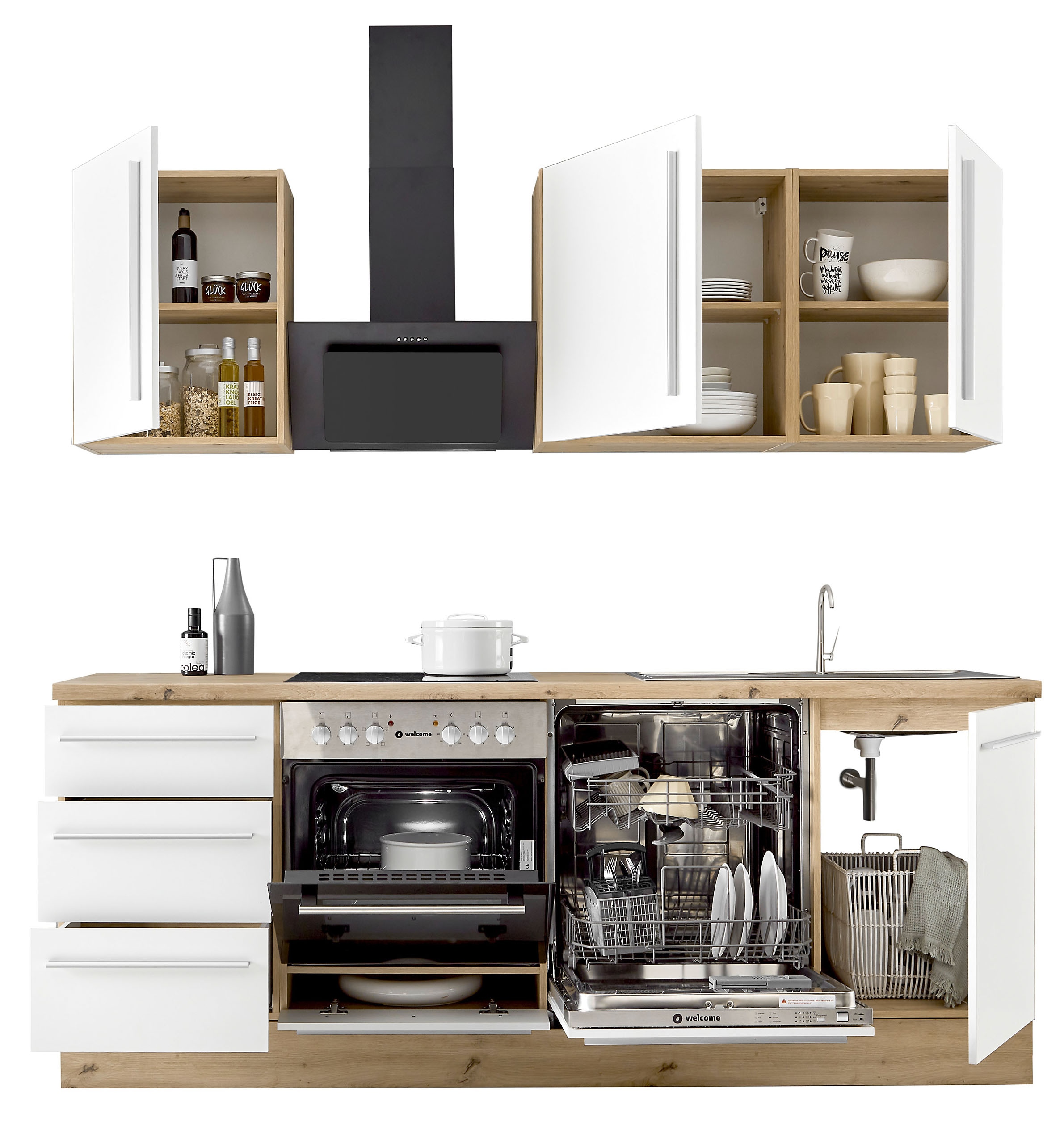 KOCHSTATION Küchenzeile »KS-Florida mit 38mm starker Arbeitsplatte« Breite 220 cm, wahlweise mit E-Geräten, Soft-Close-Funktion