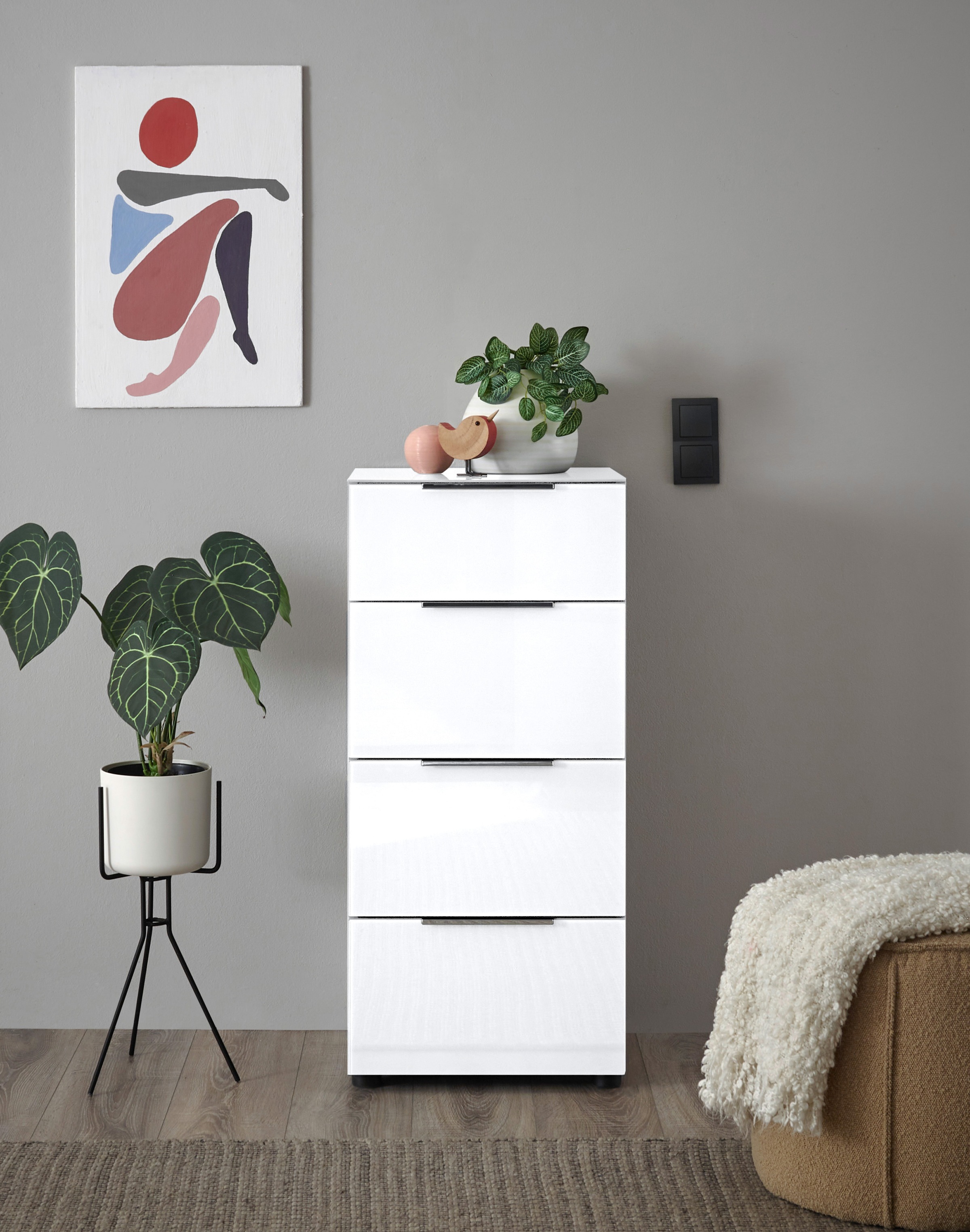 HBZ Kommode »Santorin Mehrzweckschrank mit Schubkästen, BxHxT 45x99x40 cm« 1 Stk. tlg. Mit 4 Schubkästen mit Softclose, Glasfront und Glasoberboden